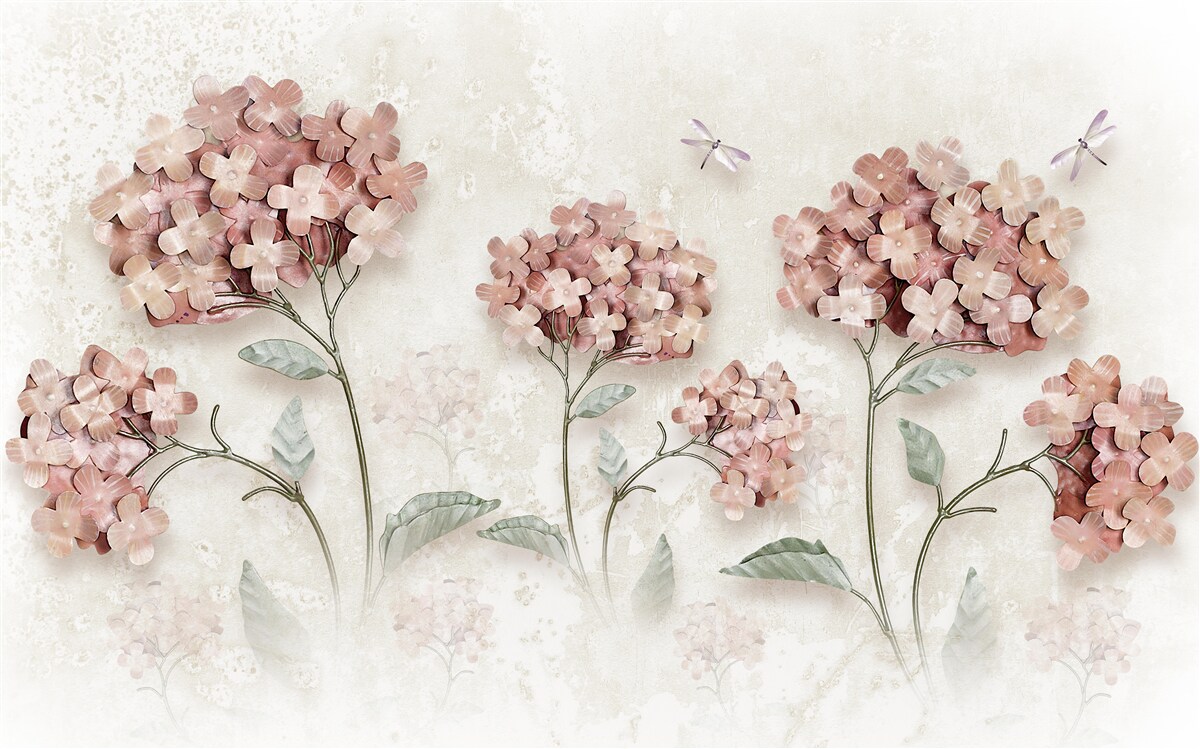 Fototapet libelulele zboară lângă florile roz