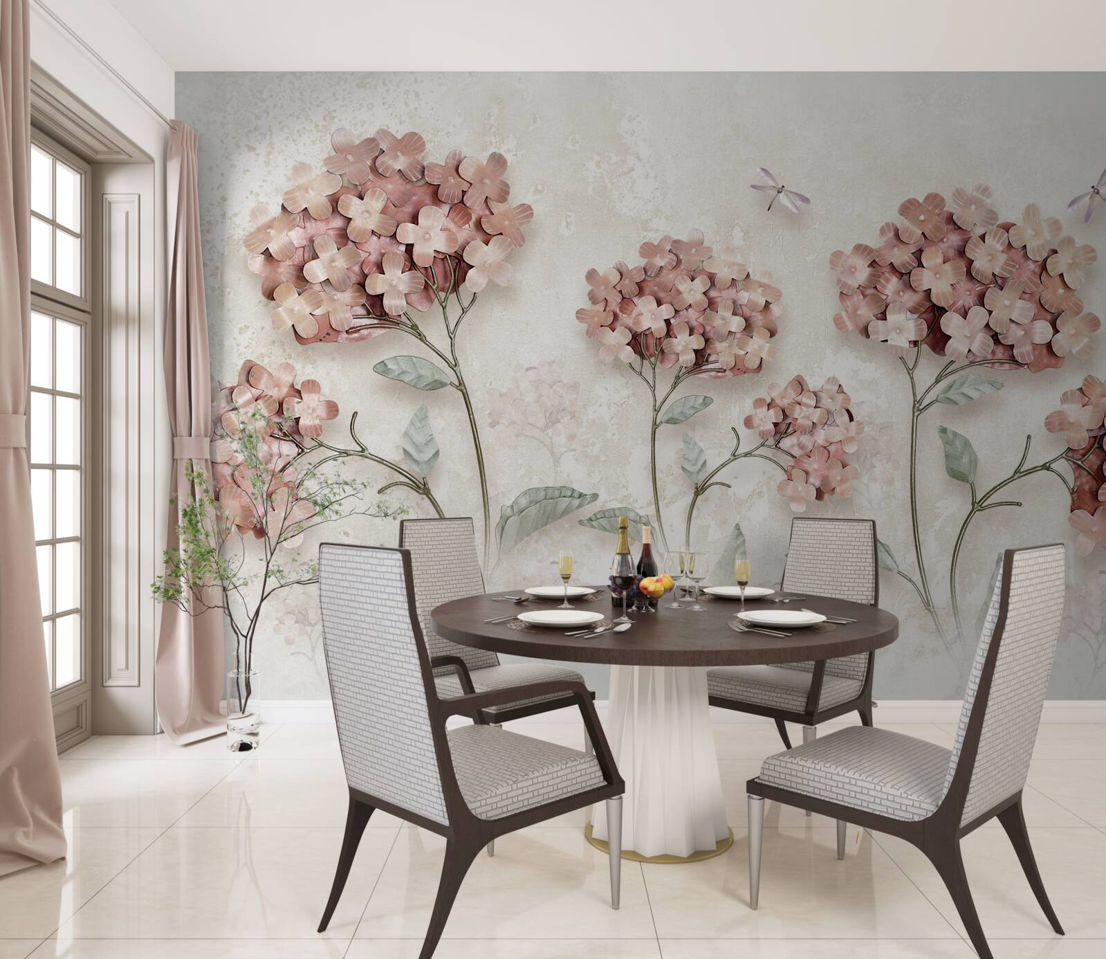 Fototapet libelulele zboară lângă florile roz