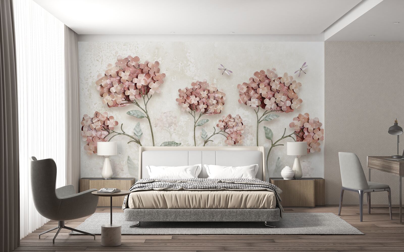 Fototapet libelulele zboară lângă florile roz