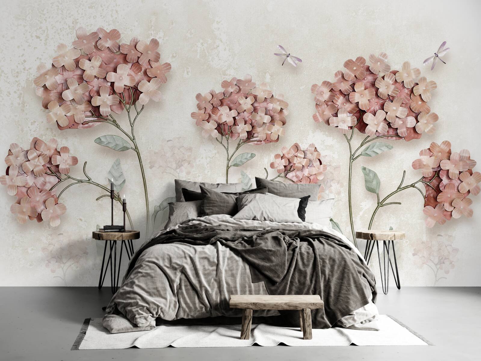 Fototapet libelulele zboară lângă florile roz