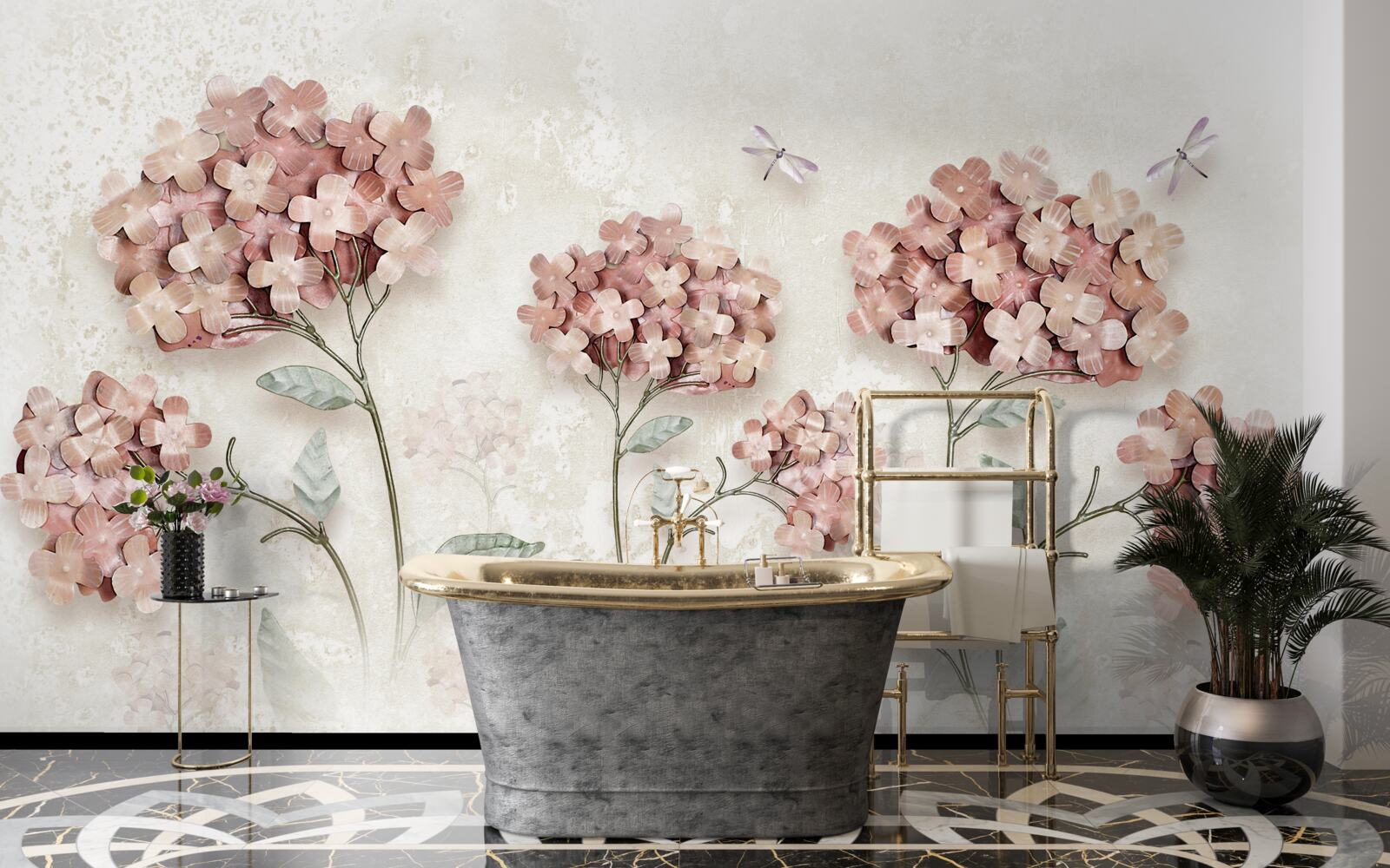 Fototapet libelulele zboară lângă florile roz