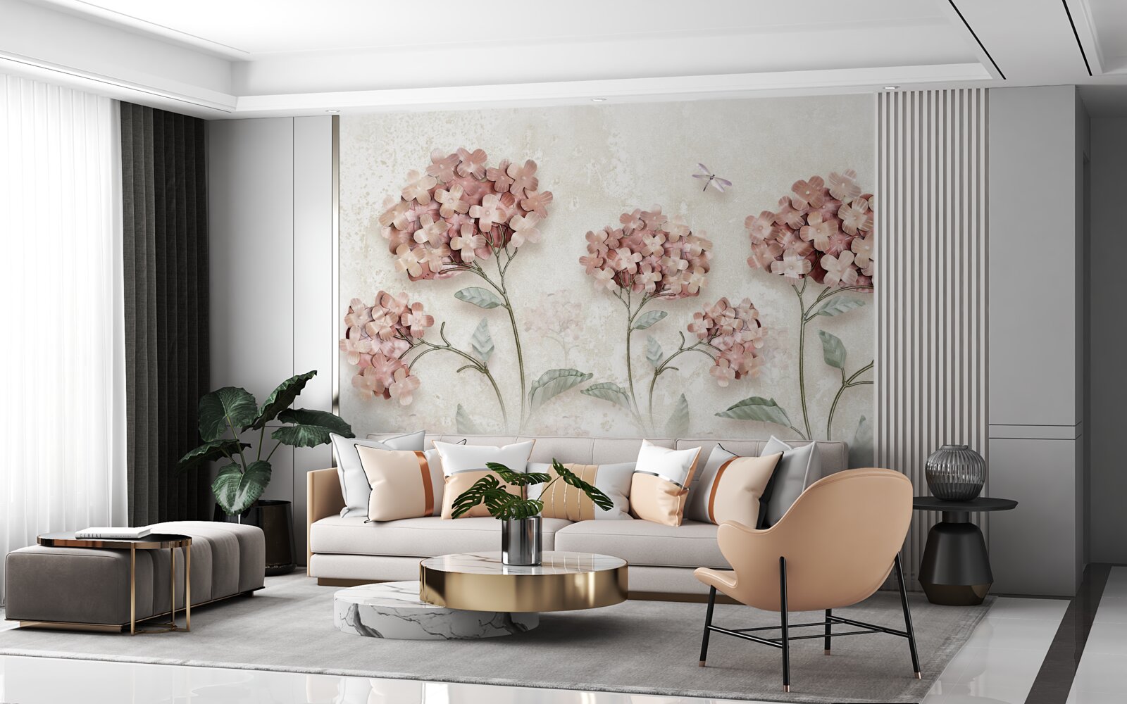 Fototapet libelulele zboară lângă florile roz