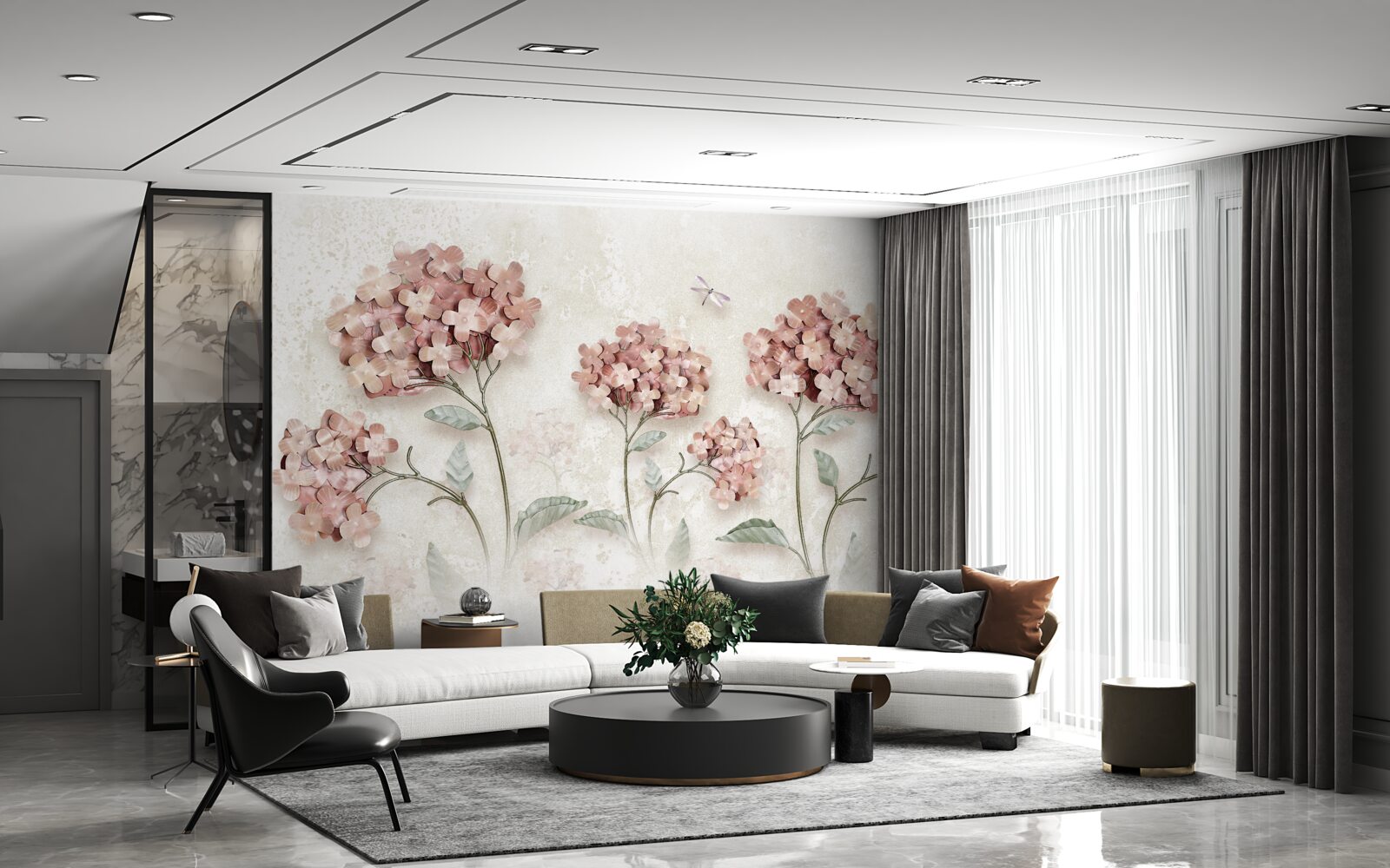 Fototapet libelulele zboară lângă florile roz