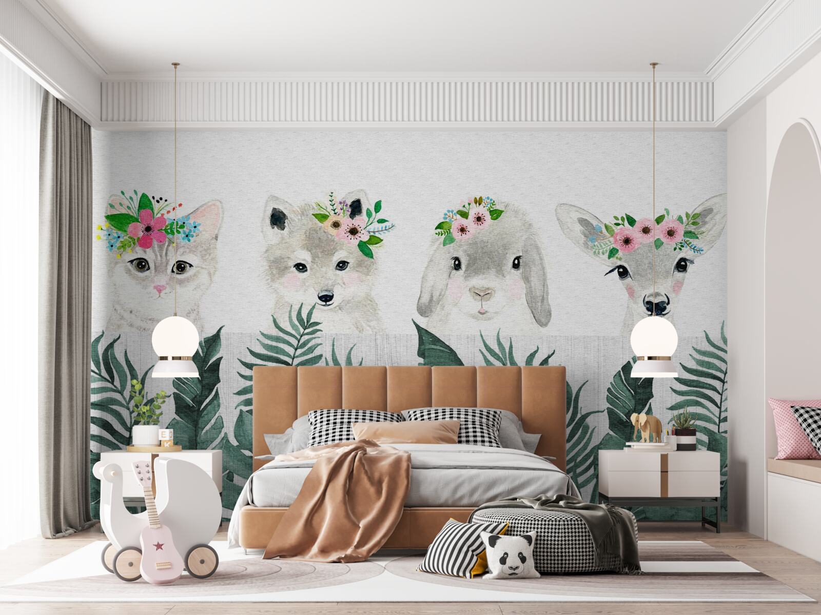 Fototapet fețe de animale cu flori