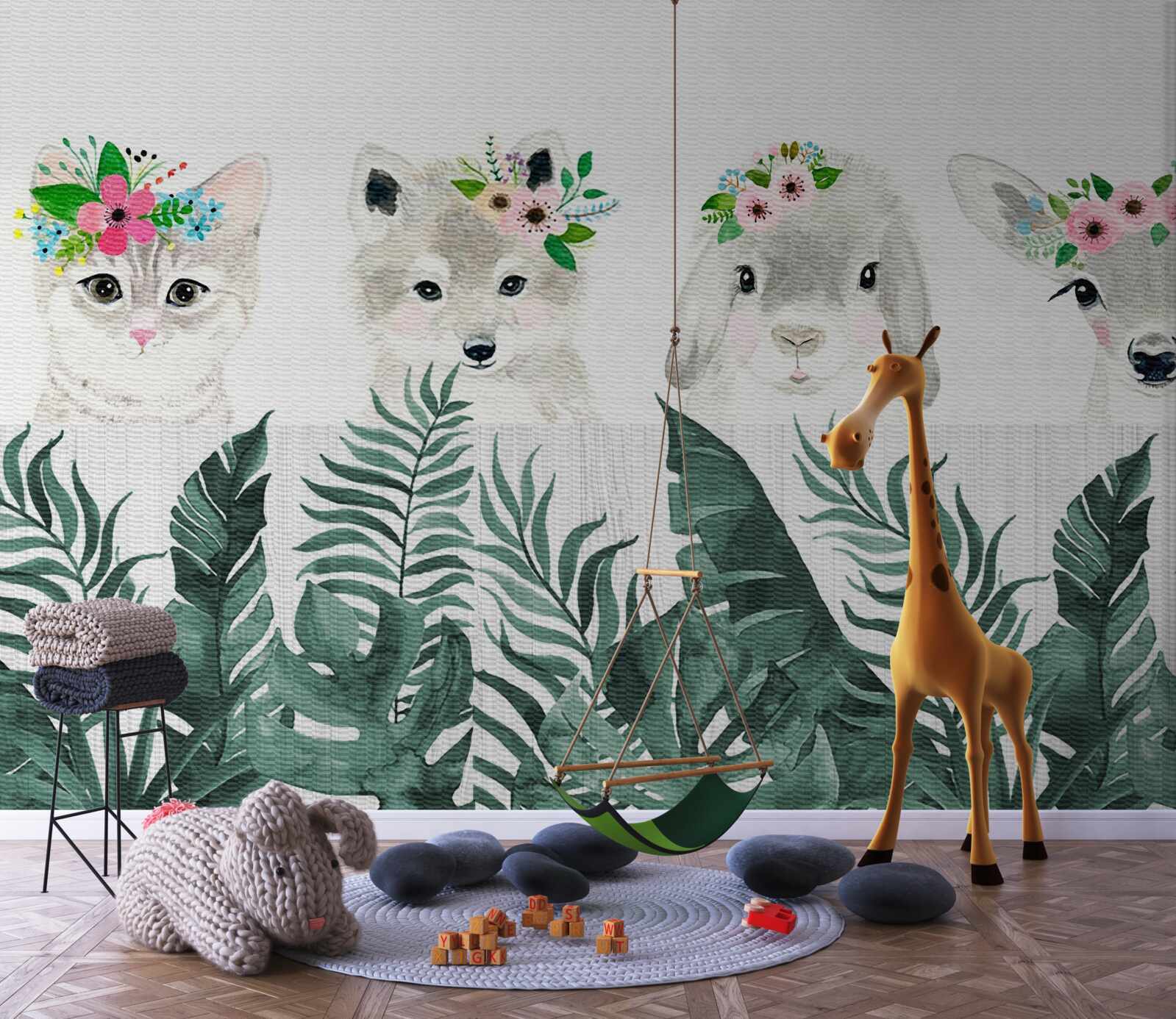 Fototapet fețe de animale cu flori