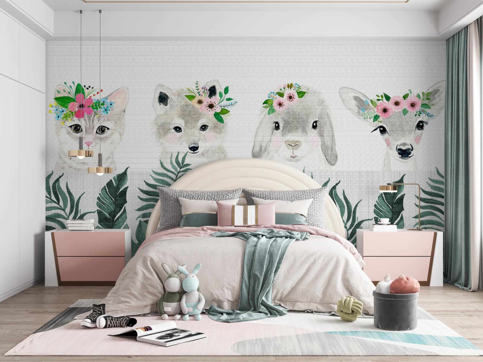 Fototapet fețe de animale cu flori