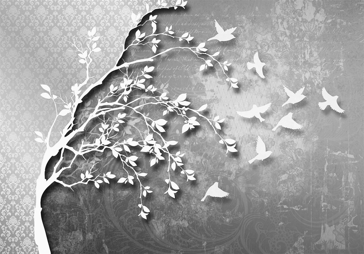 Fototapet contur de copaci și păsări grațioase