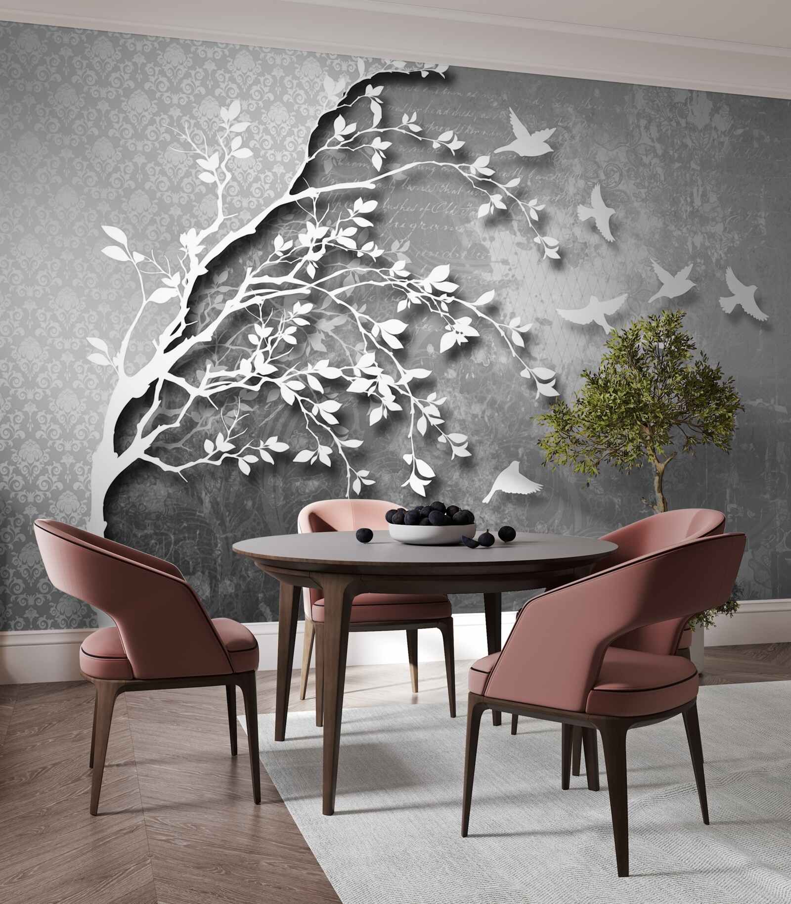 Fototapet contur de copaci și păsări grațioase