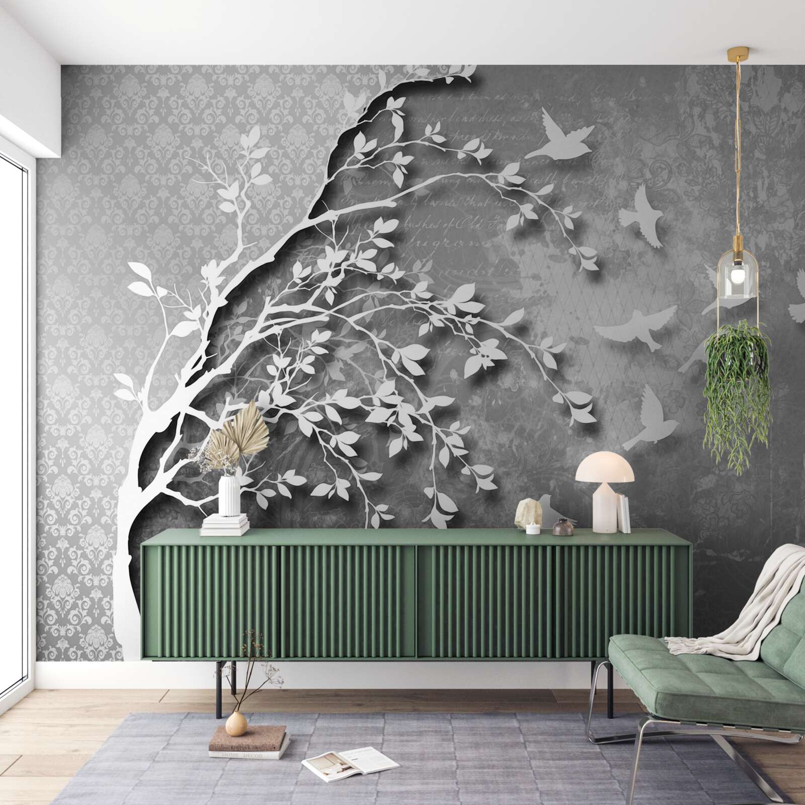 Fototapet contur de copaci și păsări grațioase