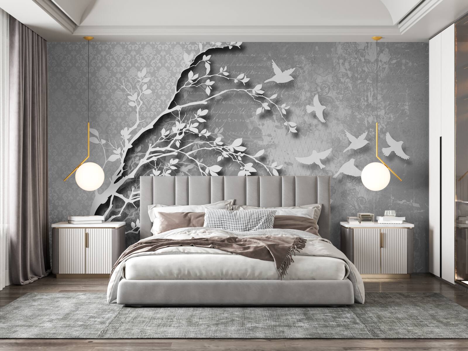 Fototapet contur de copaci și păsări grațioase