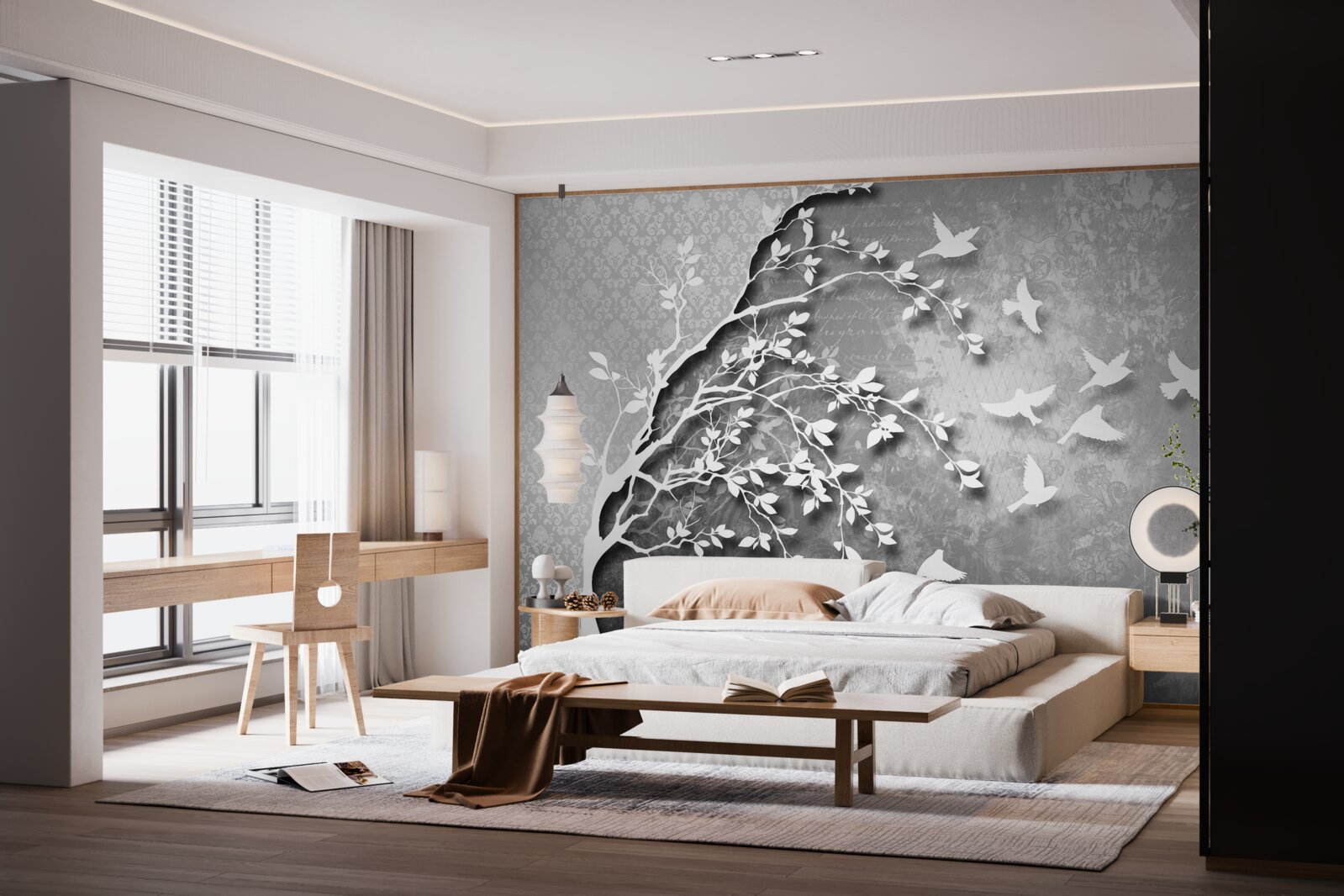 Fototapet contur de copaci și păsări grațioase