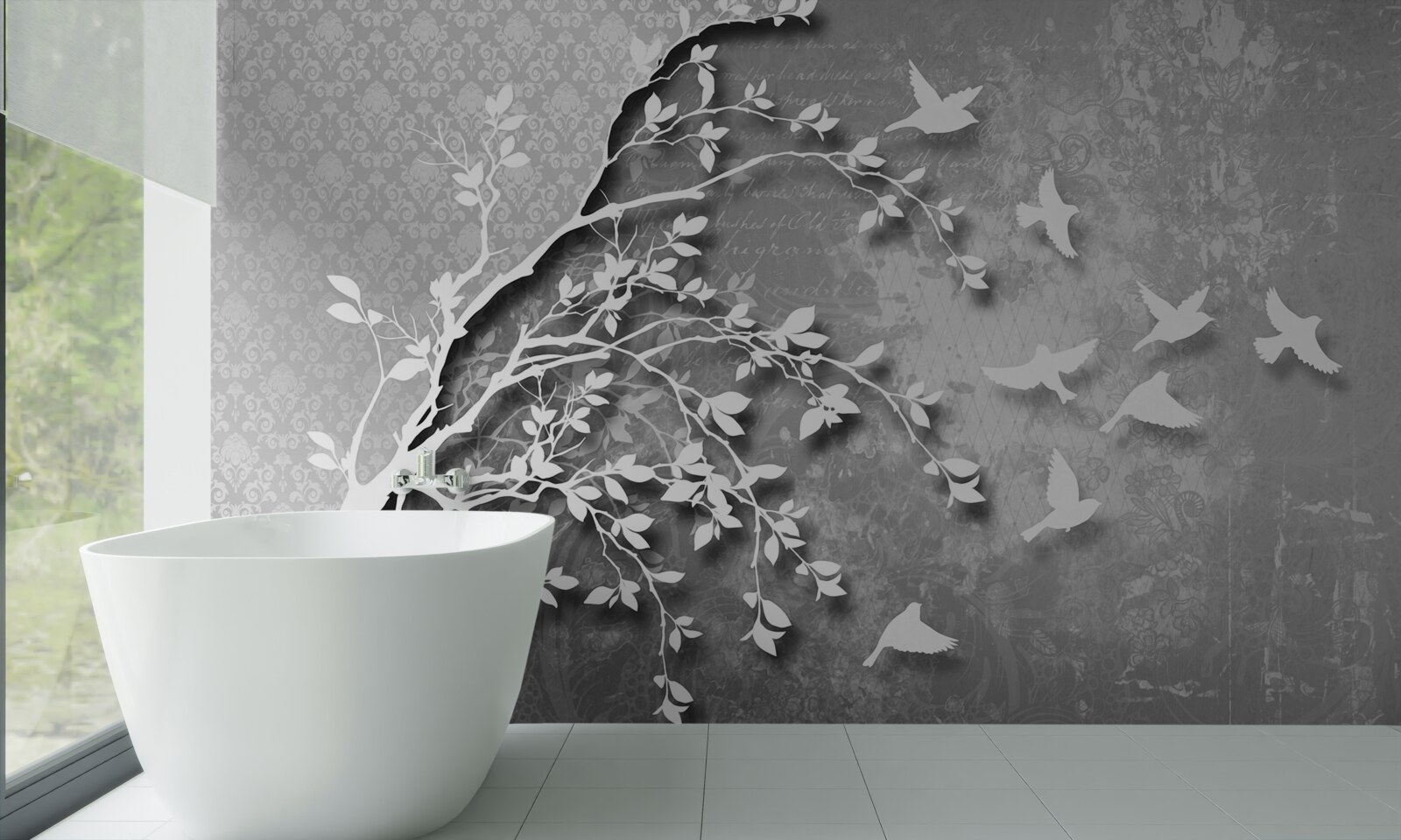 Fototapet contur de copaci și păsări grațioase