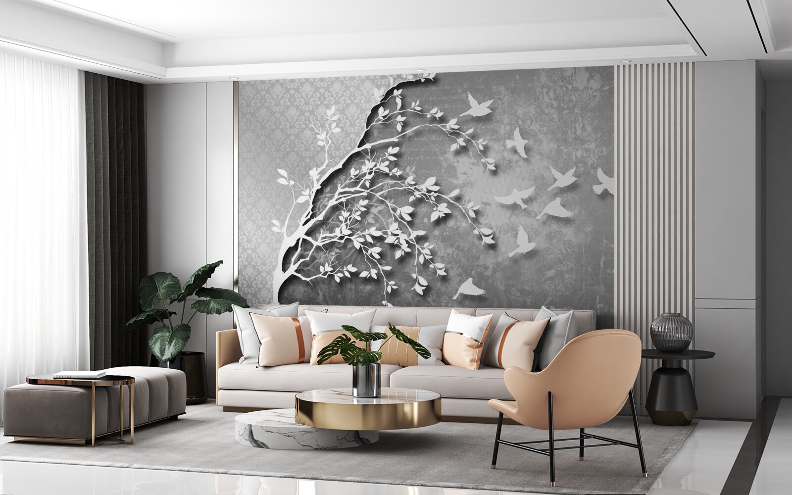 Fototapet contur de copaci și păsări grațioase