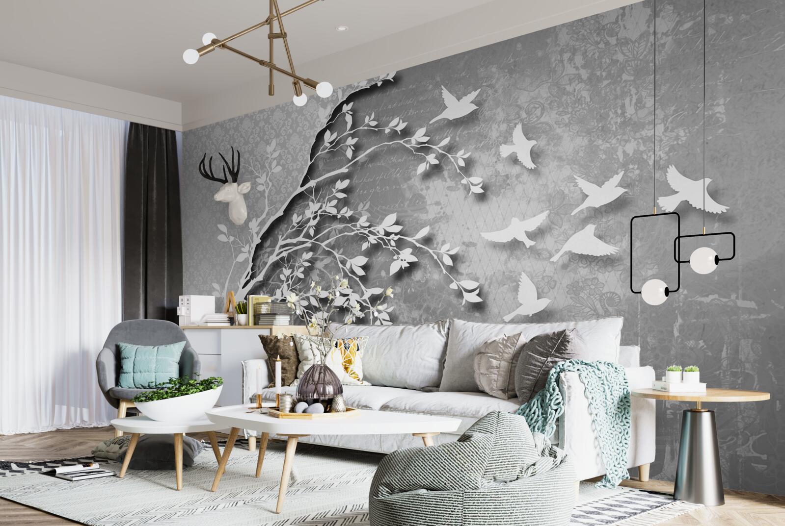 Fototapet contur de copaci și păsări grațioase