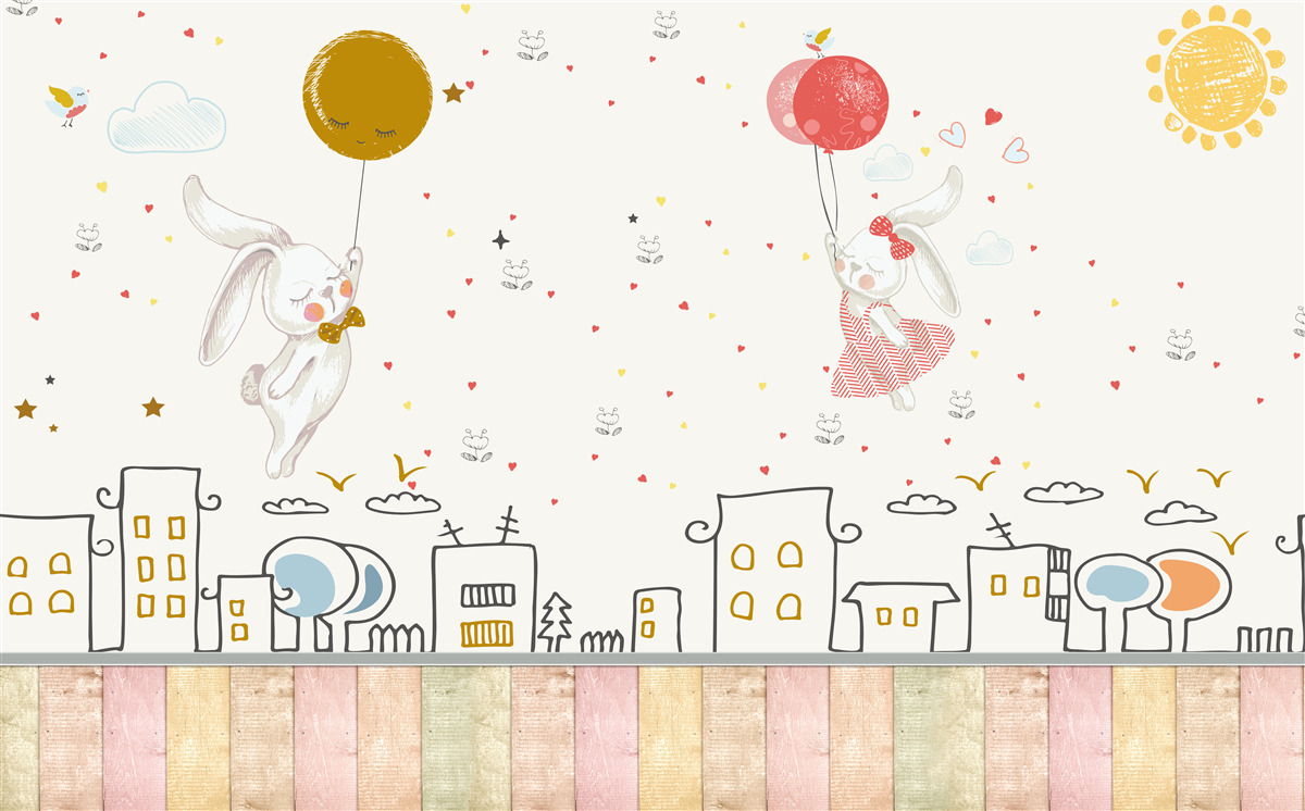 Fototapet iepurii zboară pe acoperișuri cu baloane