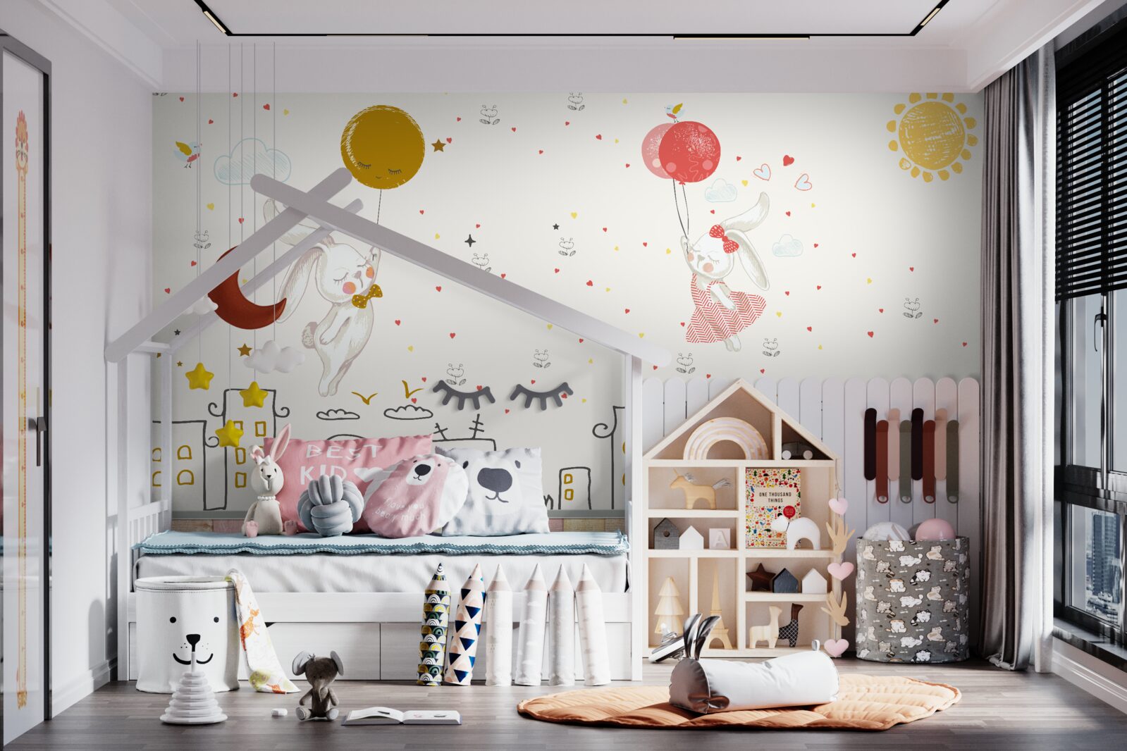 Fototapet iepurii zboară pe acoperișuri cu baloane