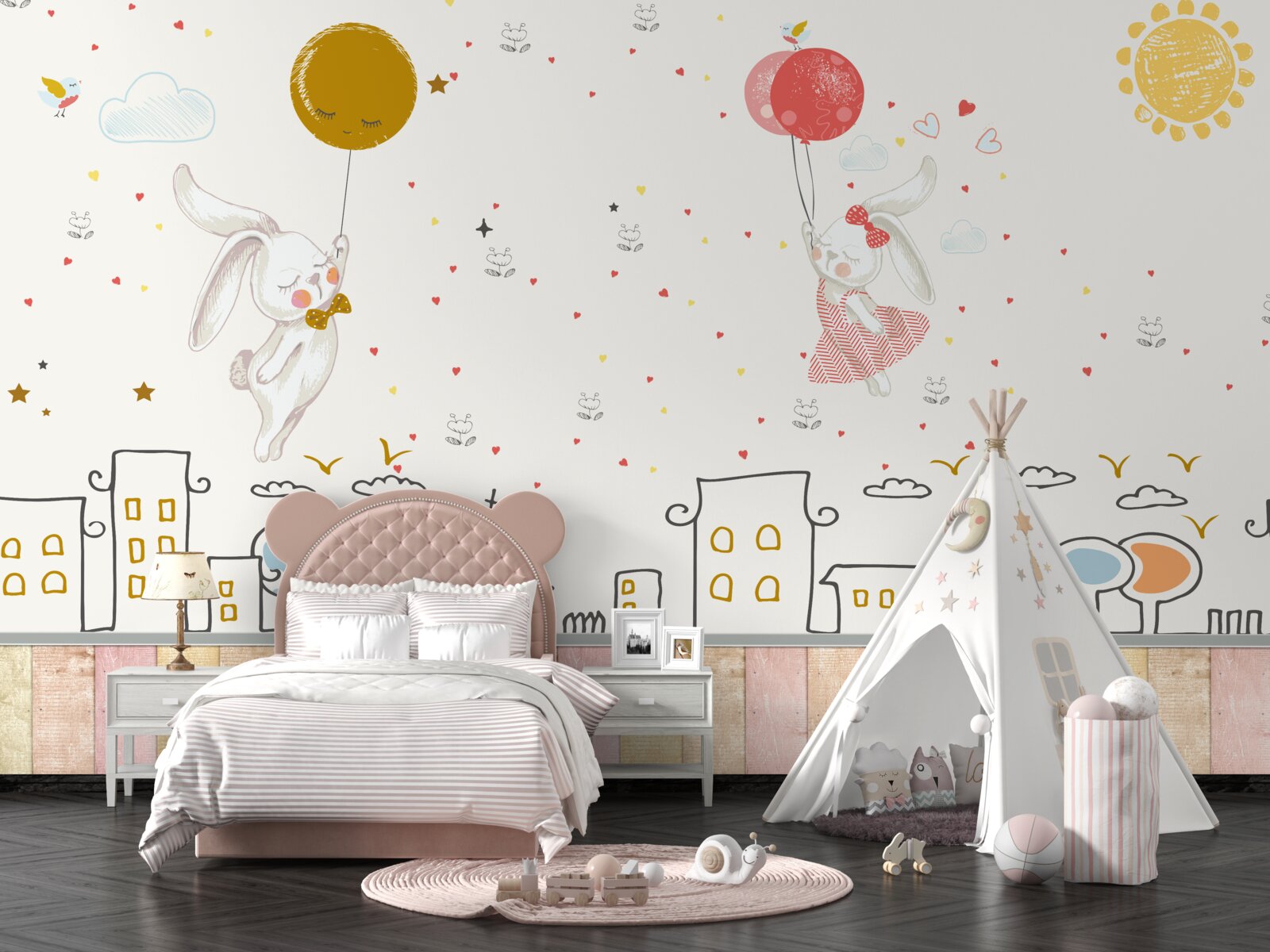 Fototapet iepurii zboară pe acoperișuri cu baloane