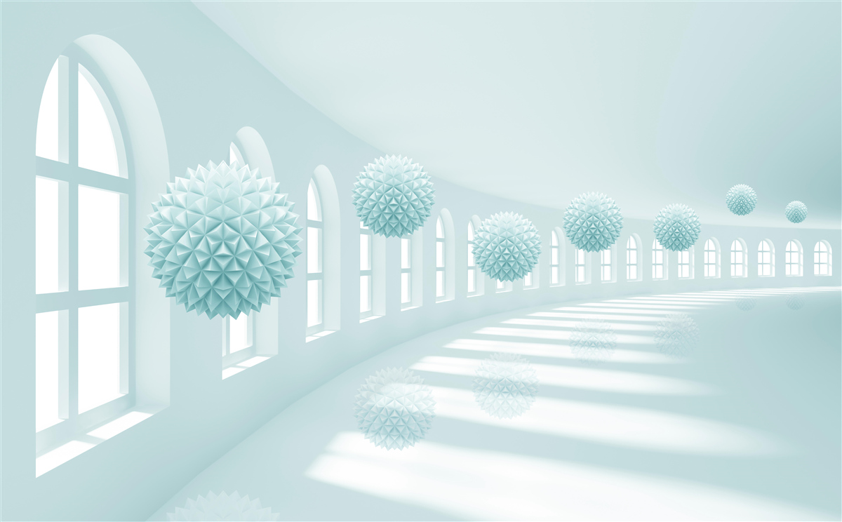 Fototapet culoar cu ferestre și bile albastre