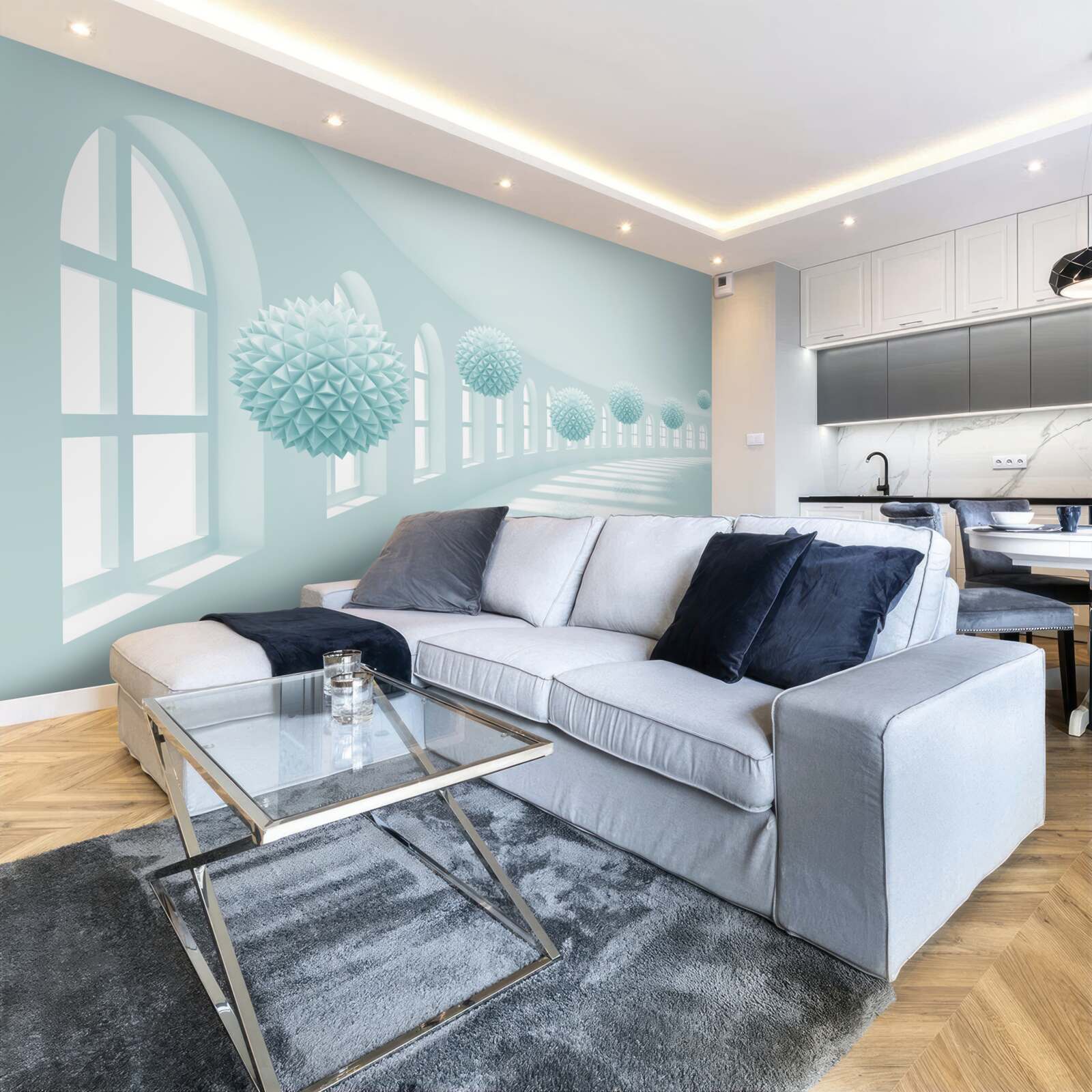 Fototapet culoar cu ferestre și bile albastre