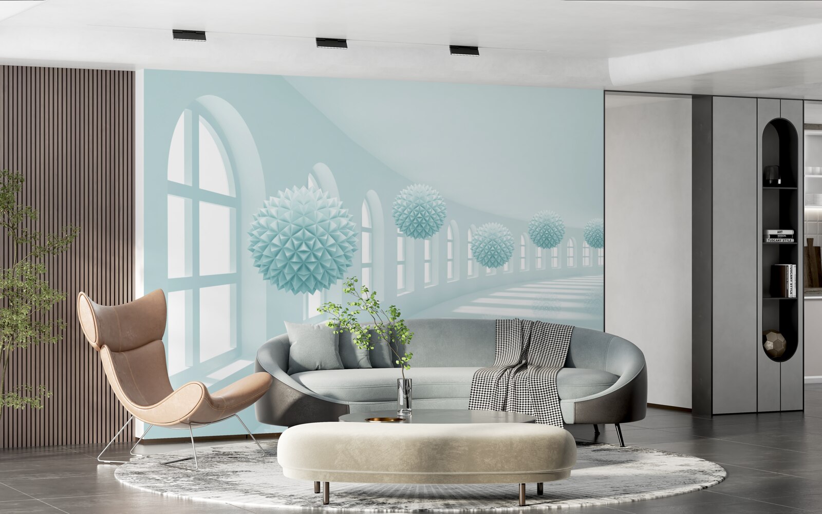 Fototapet culoar cu ferestre și bile albastre