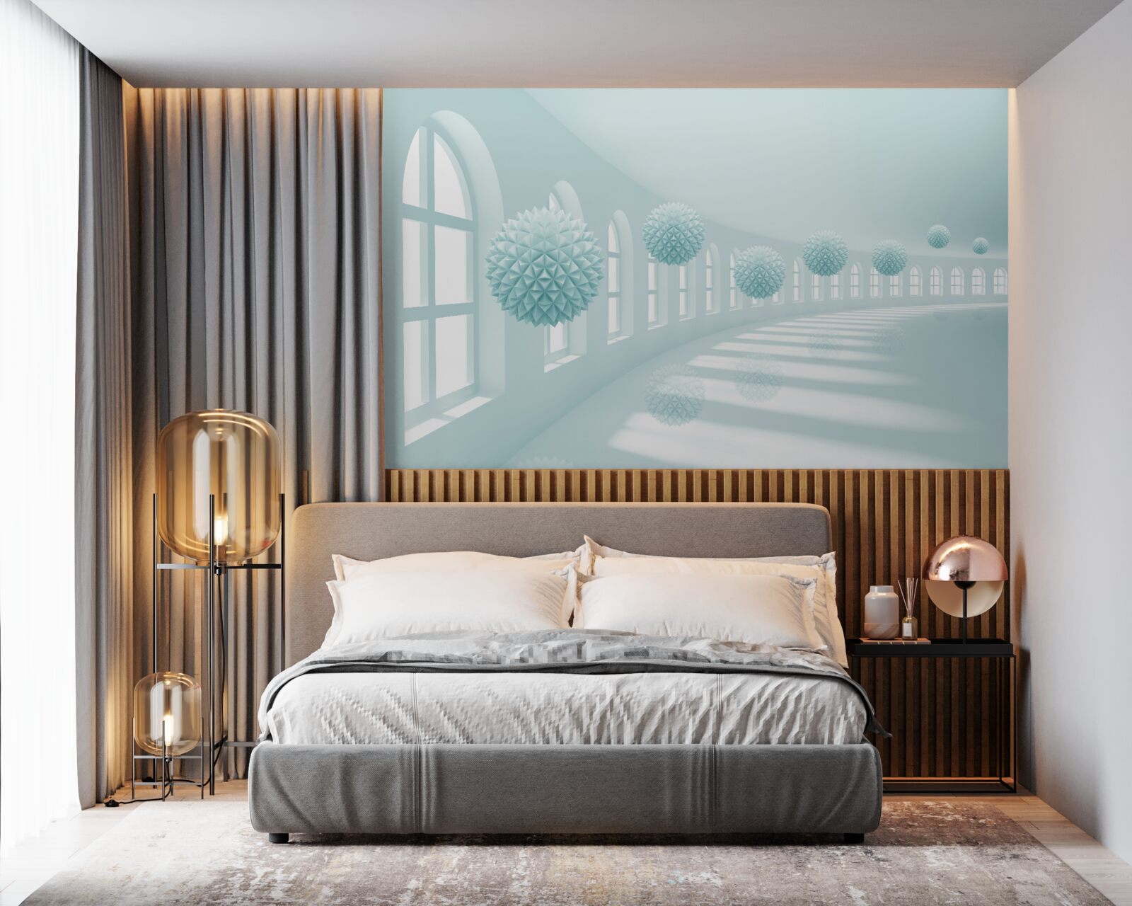 Fototapet culoar cu ferestre și bile albastre