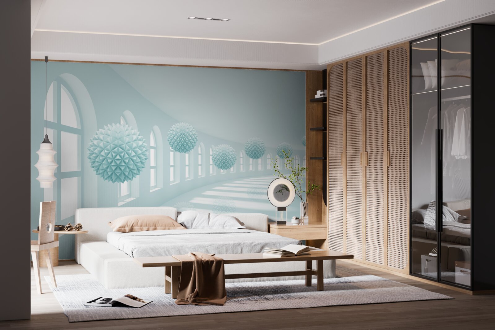 Fototapet culoar cu ferestre și bile albastre