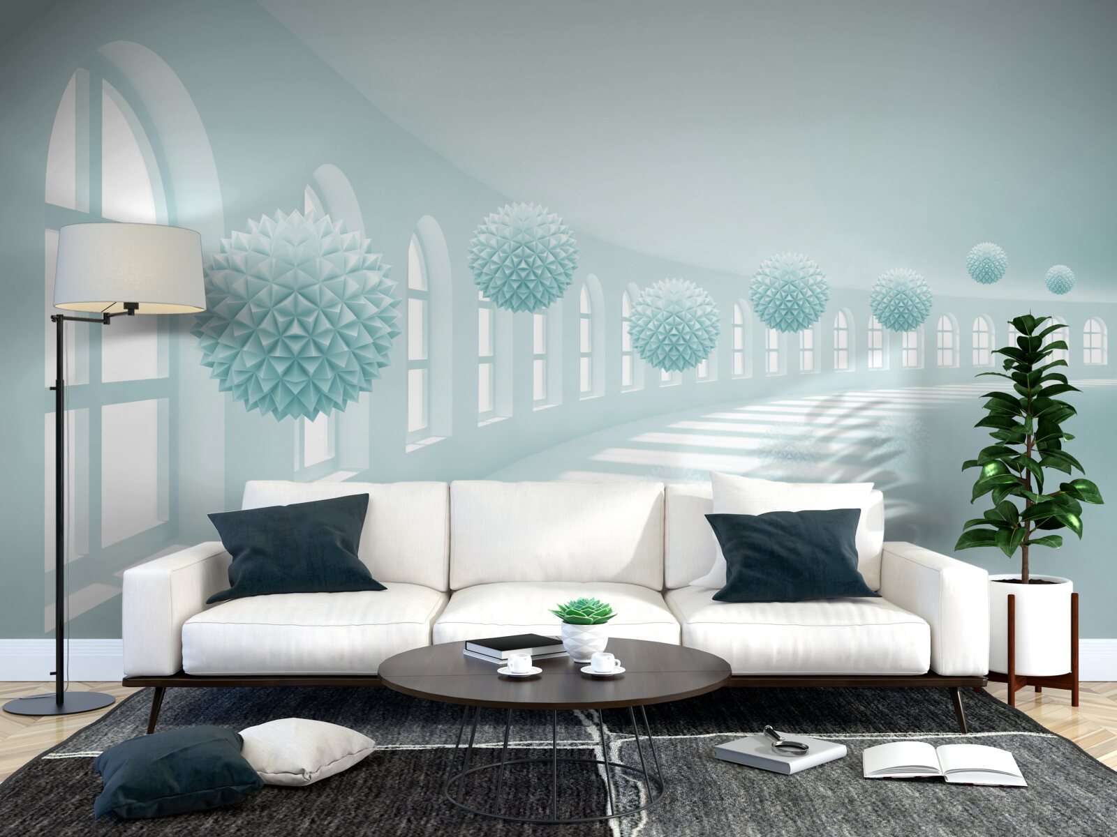 Fototapet culoar cu ferestre și bile albastre