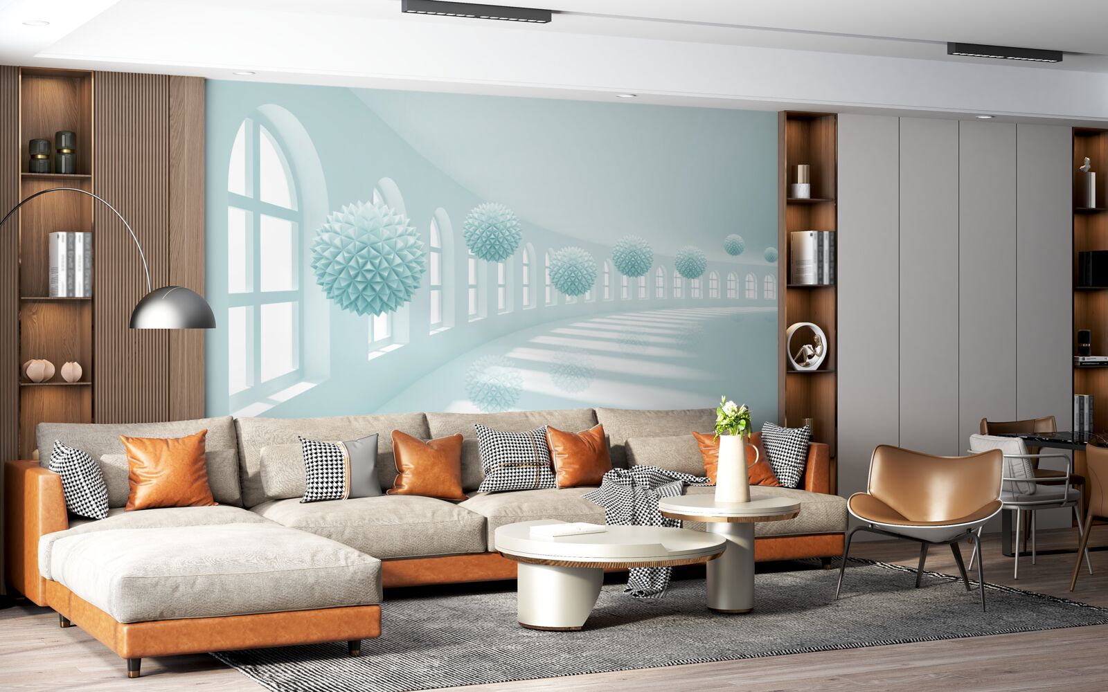 Fototapet culoar cu ferestre și bile albastre