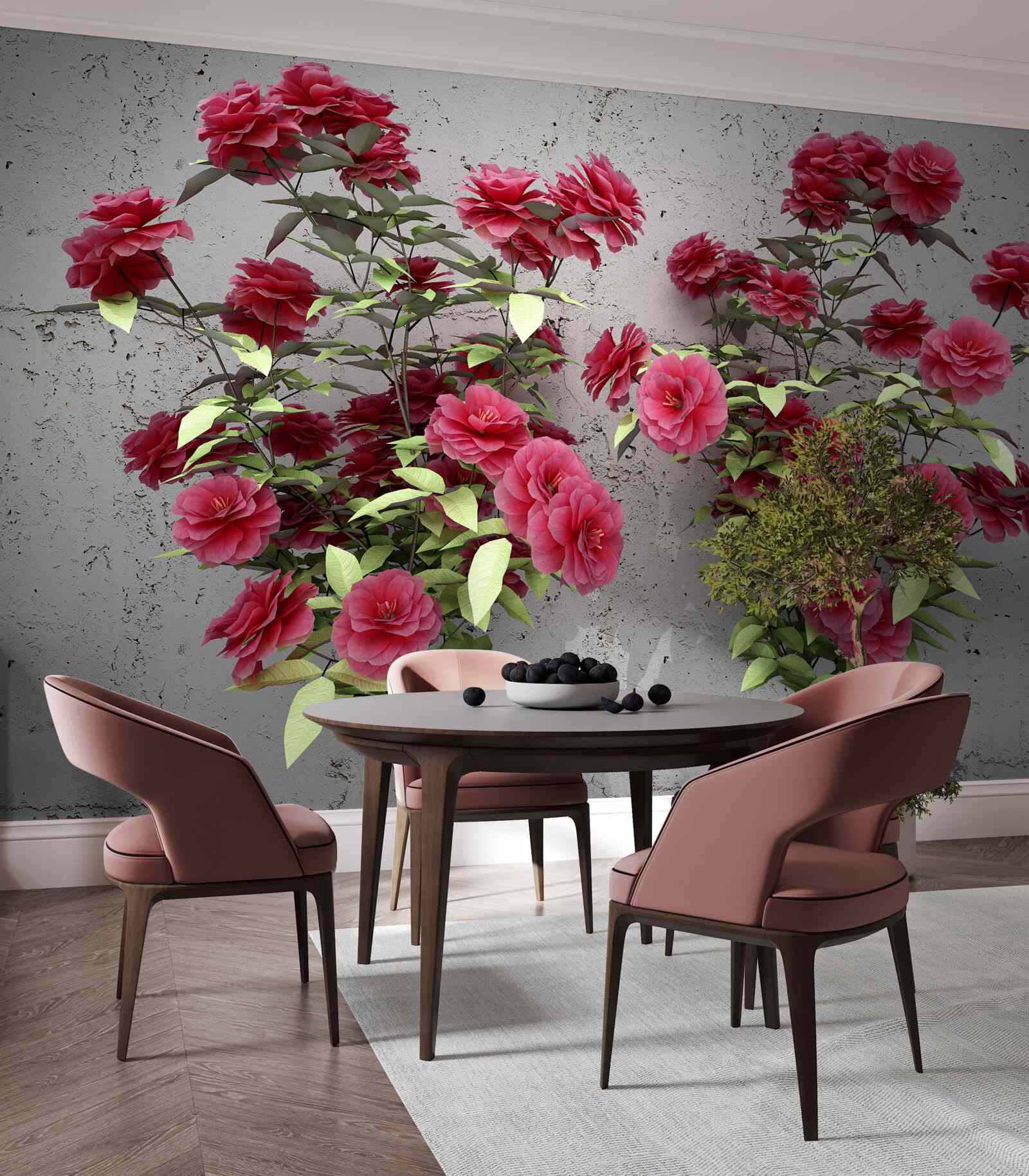 Fototapet flori roz cu frunze verzi