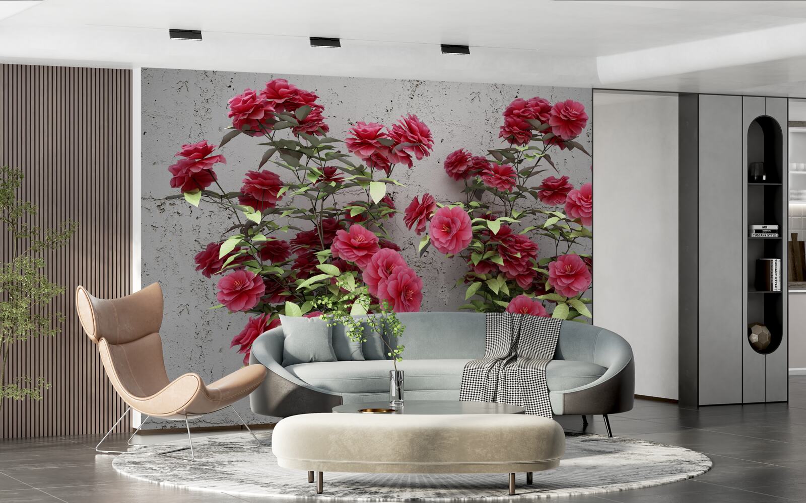 Fototapet flori roz cu frunze verzi