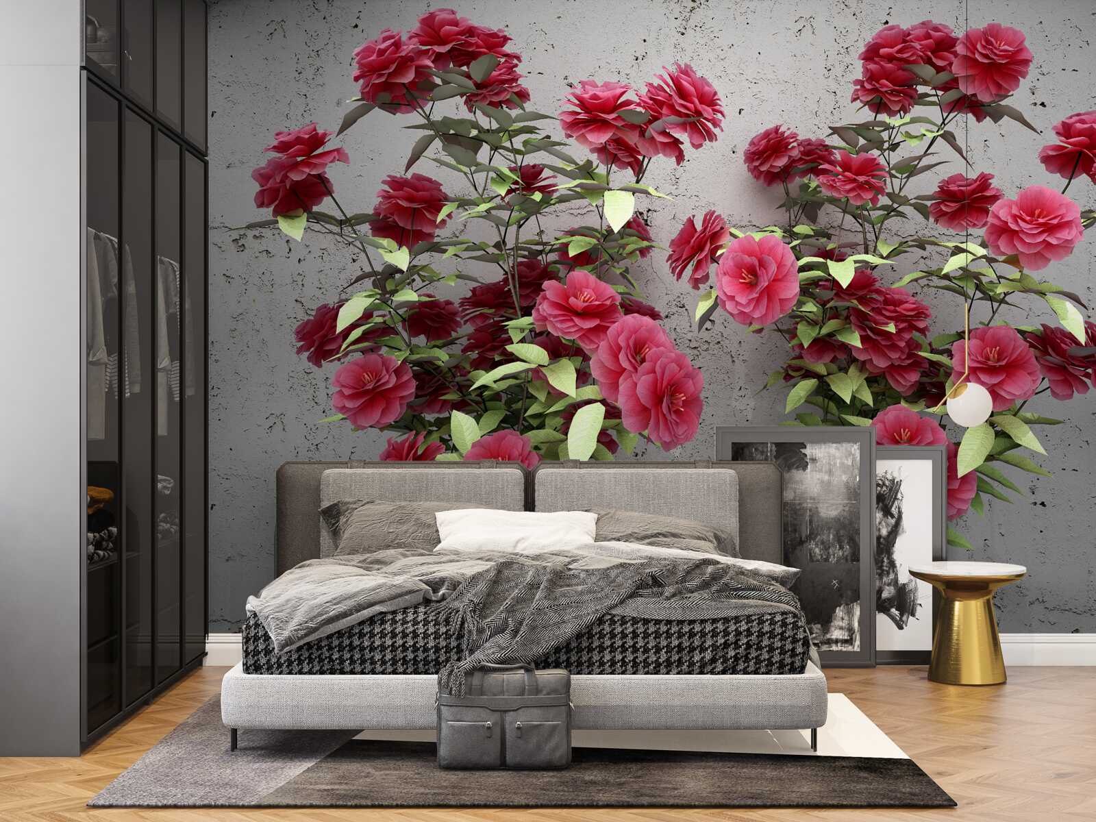 Fototapet flori roz cu frunze verzi