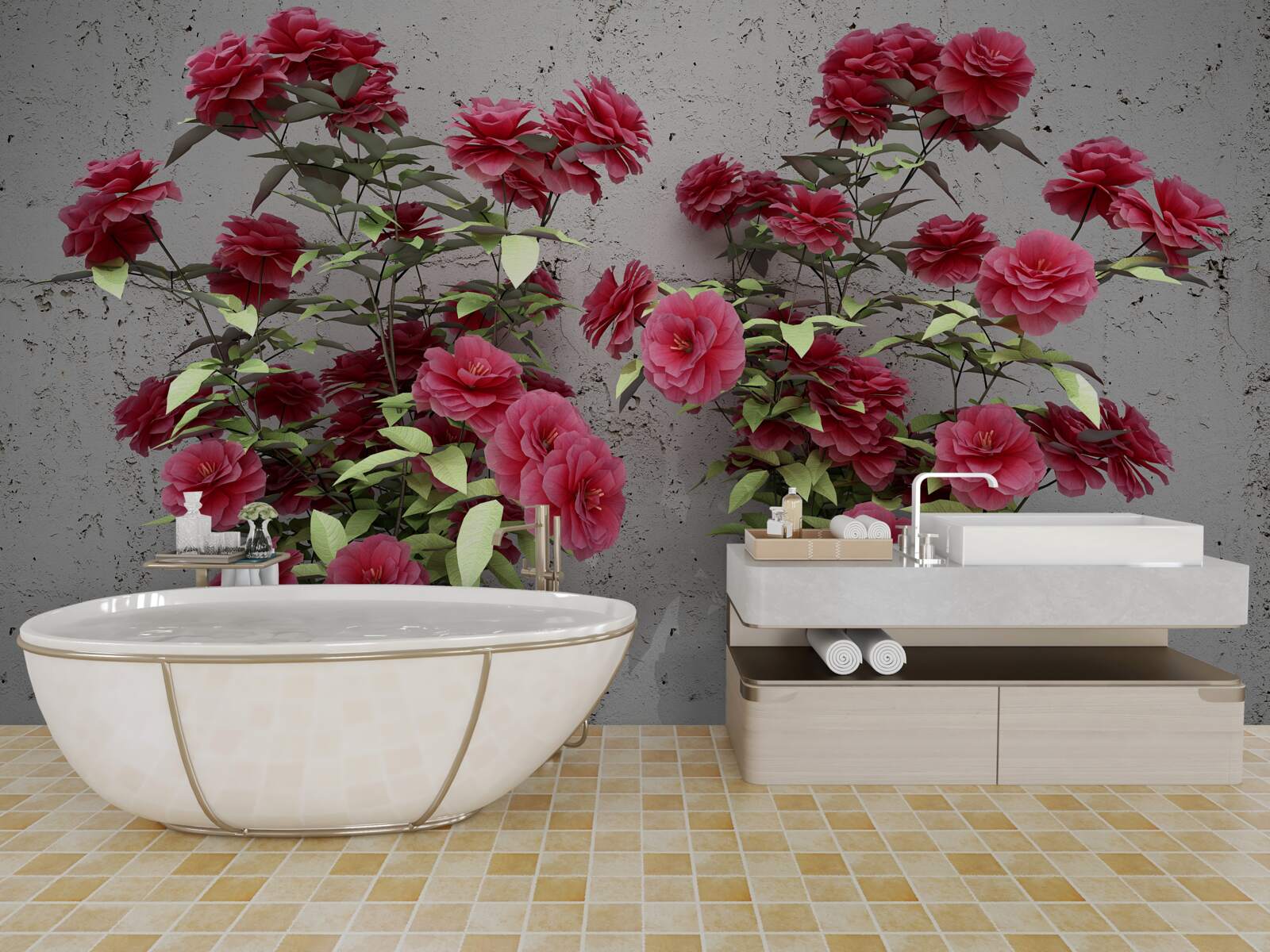 Fototapet flori roz cu frunze verzi