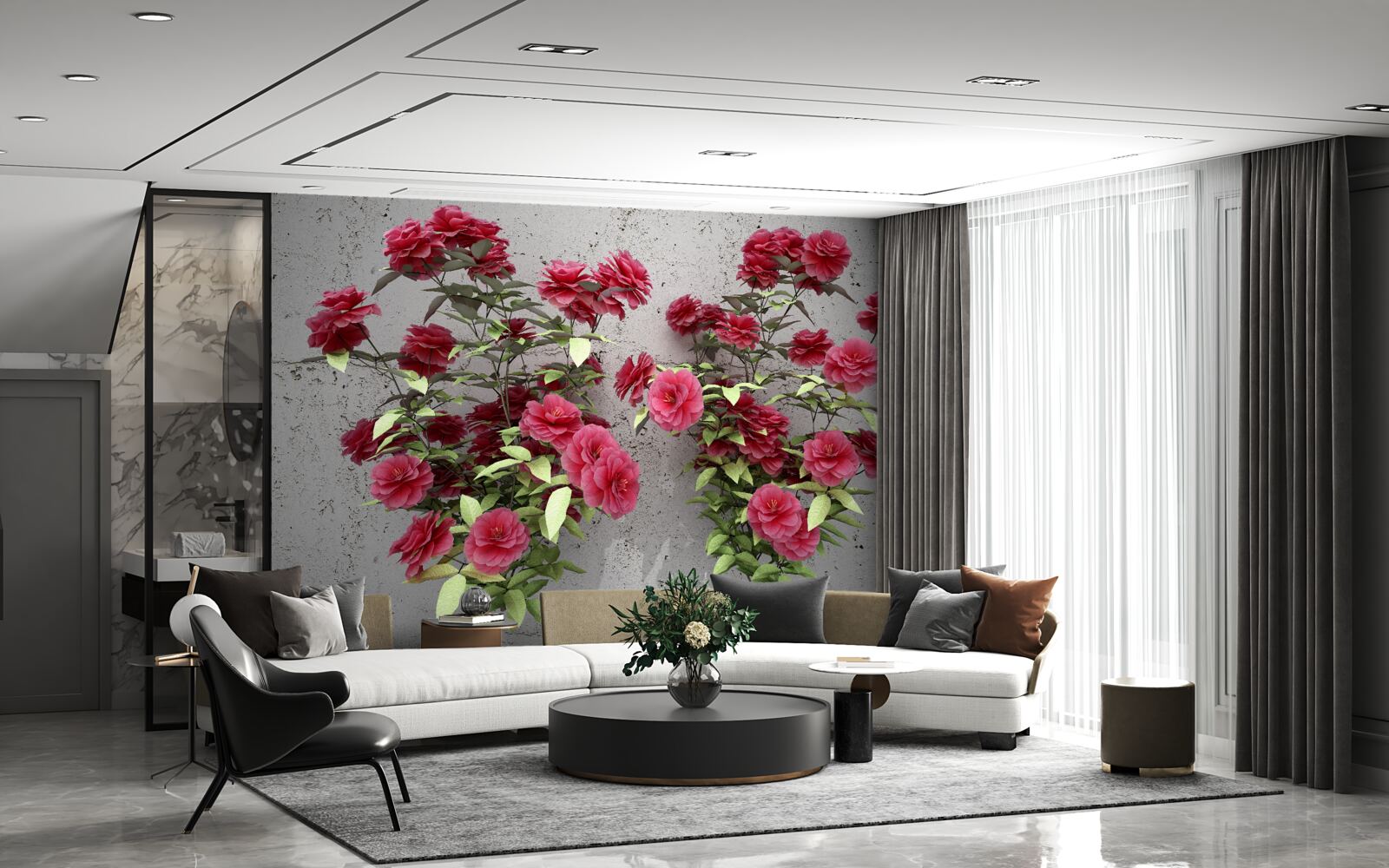 Fototapet flori roz cu frunze verzi