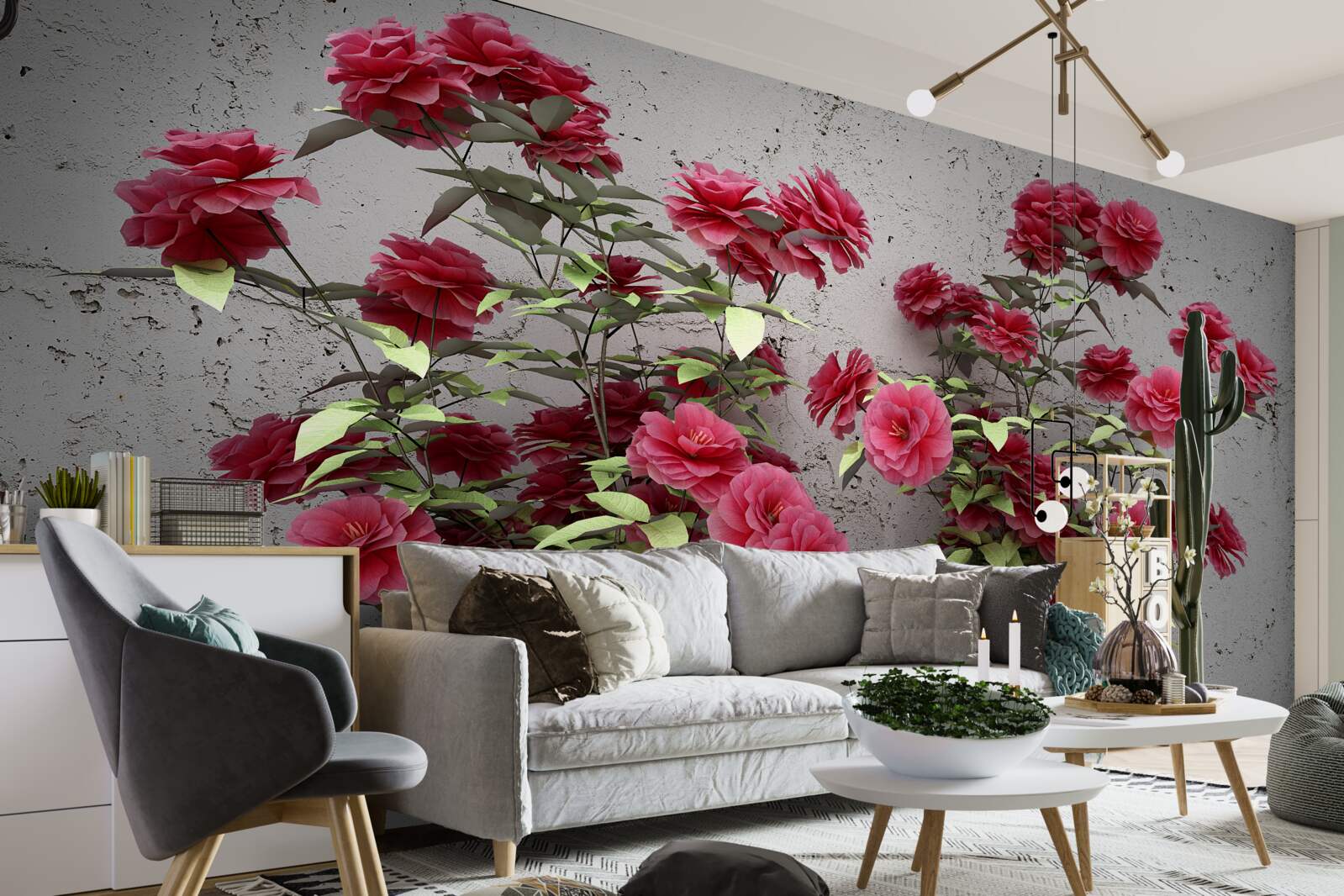 Fototapet flori roz cu frunze verzi