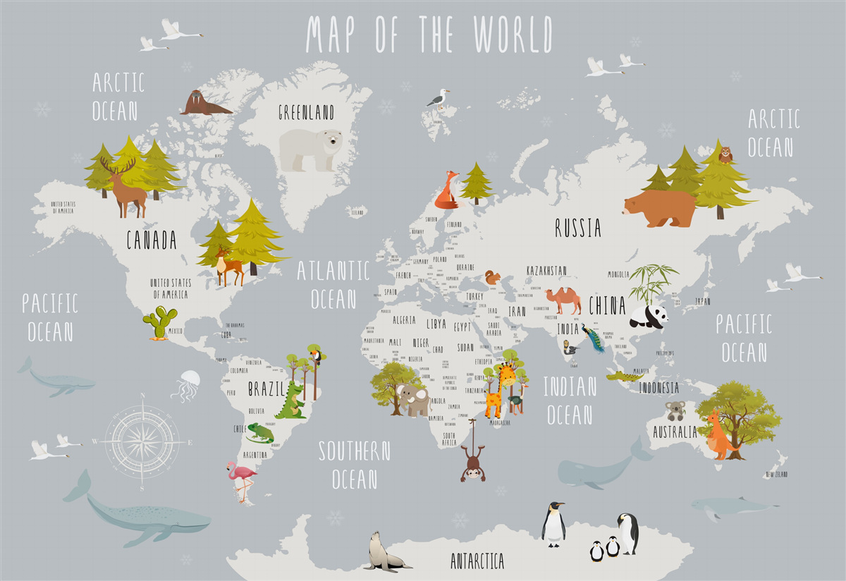 Fototapet reprezentanți ai faunei și florei pe o hartă a pământului