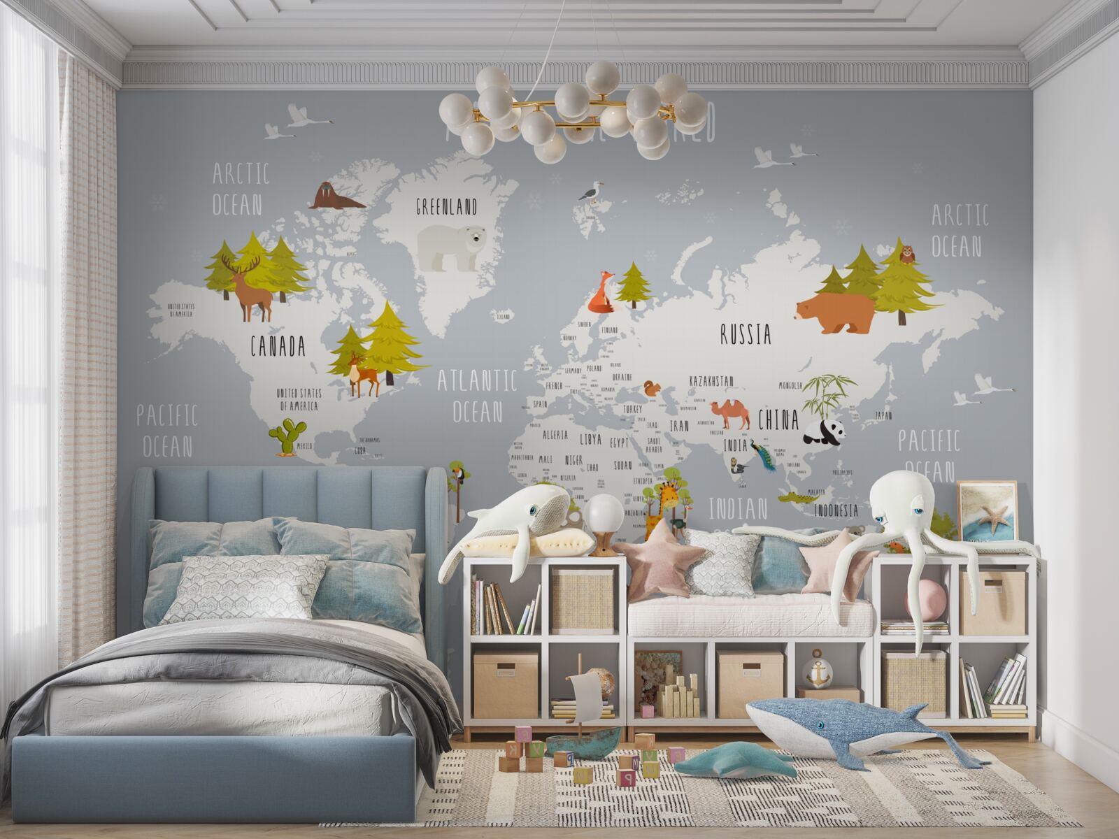 Fototapet reprezentanți ai faunei și florei pe o hartă a pământului