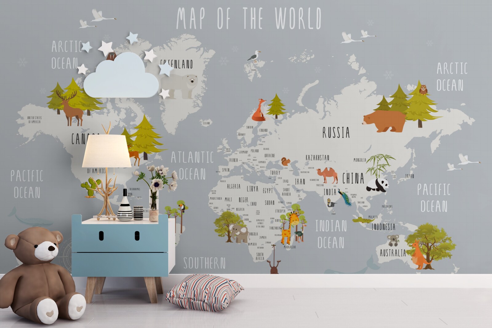 Fototapet reprezentanți ai faunei și florei pe o hartă a pământului