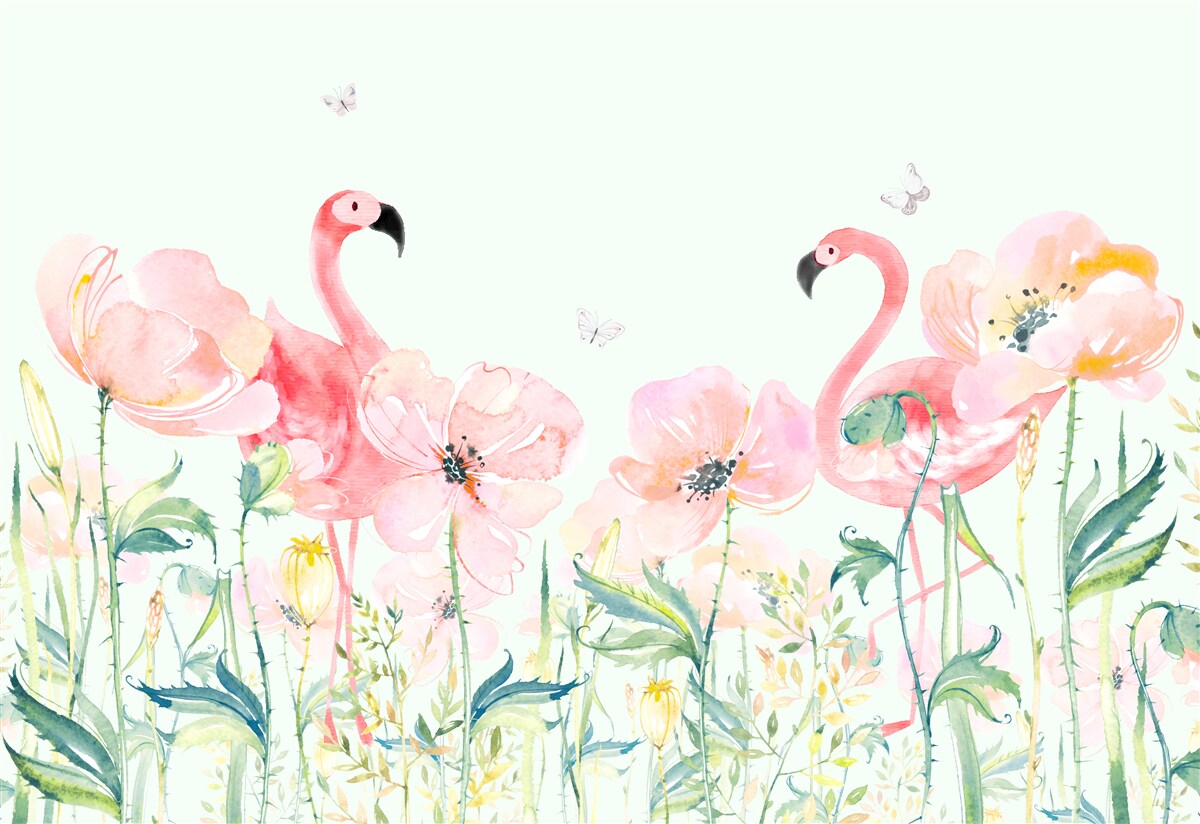 Fototapet flamingo roz printre flori asortate