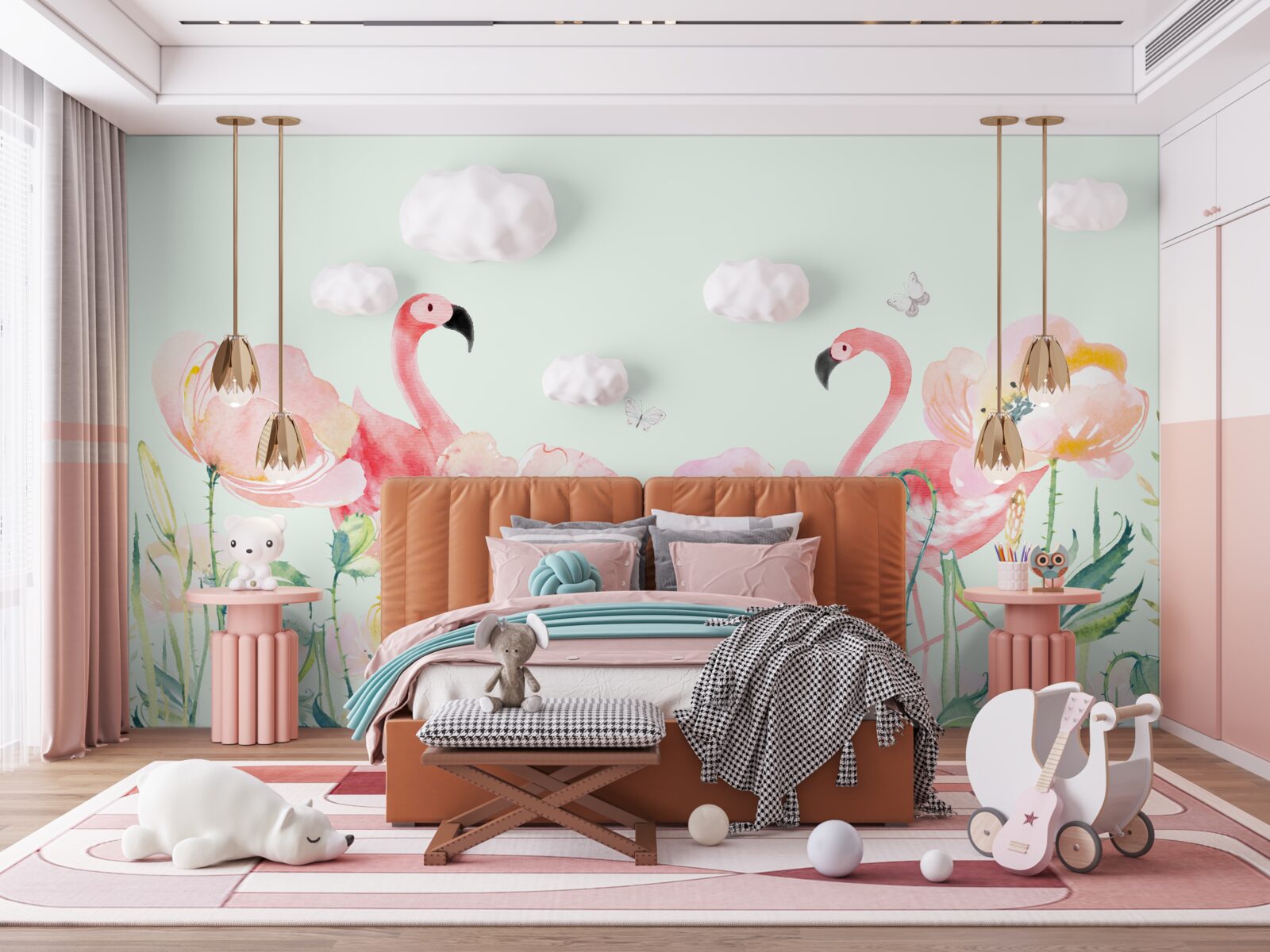 Fototapet flamingo roz printre flori asortate