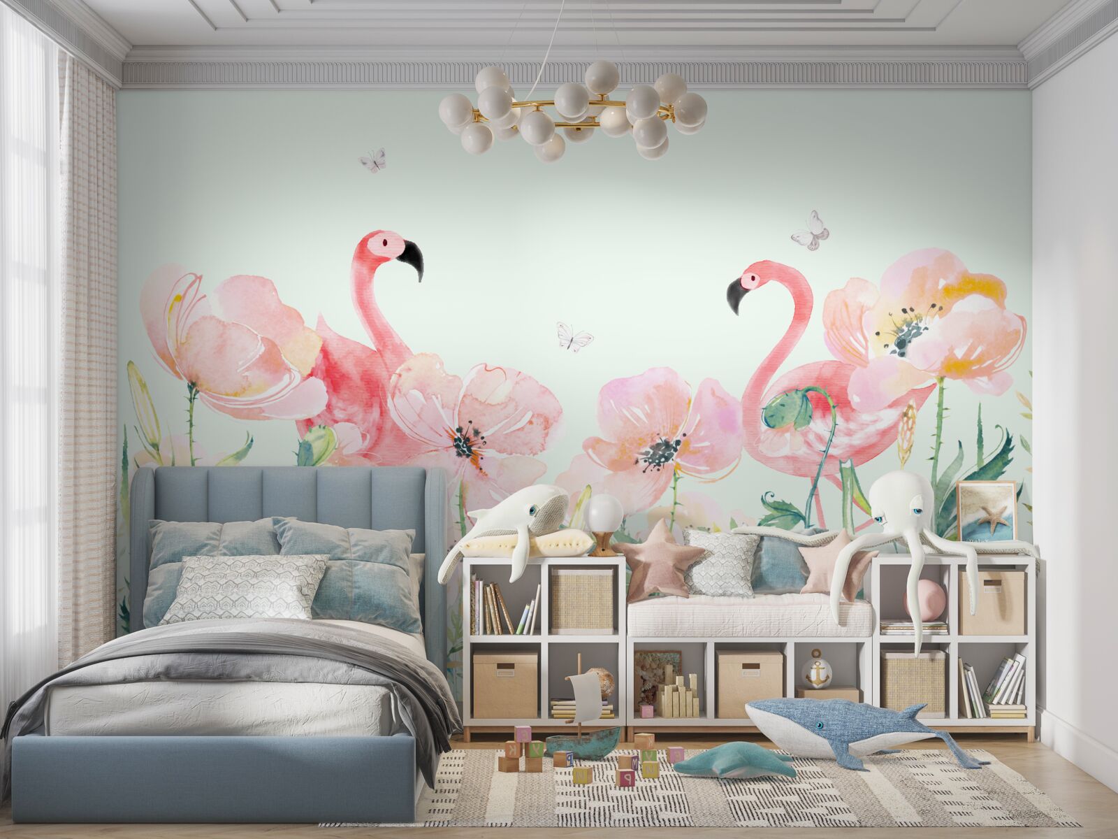 Fototapet flamingo roz printre flori asortate