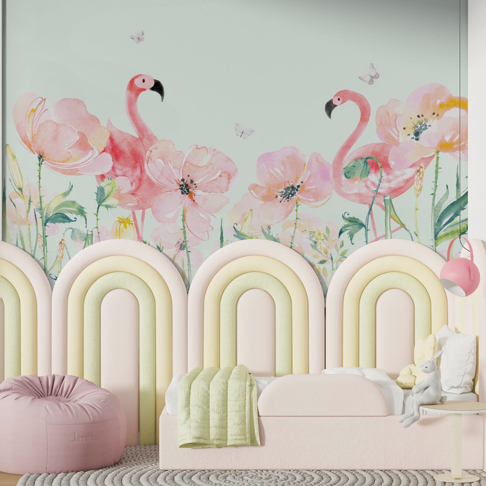 Fototapet flamingo roz printre flori asortate