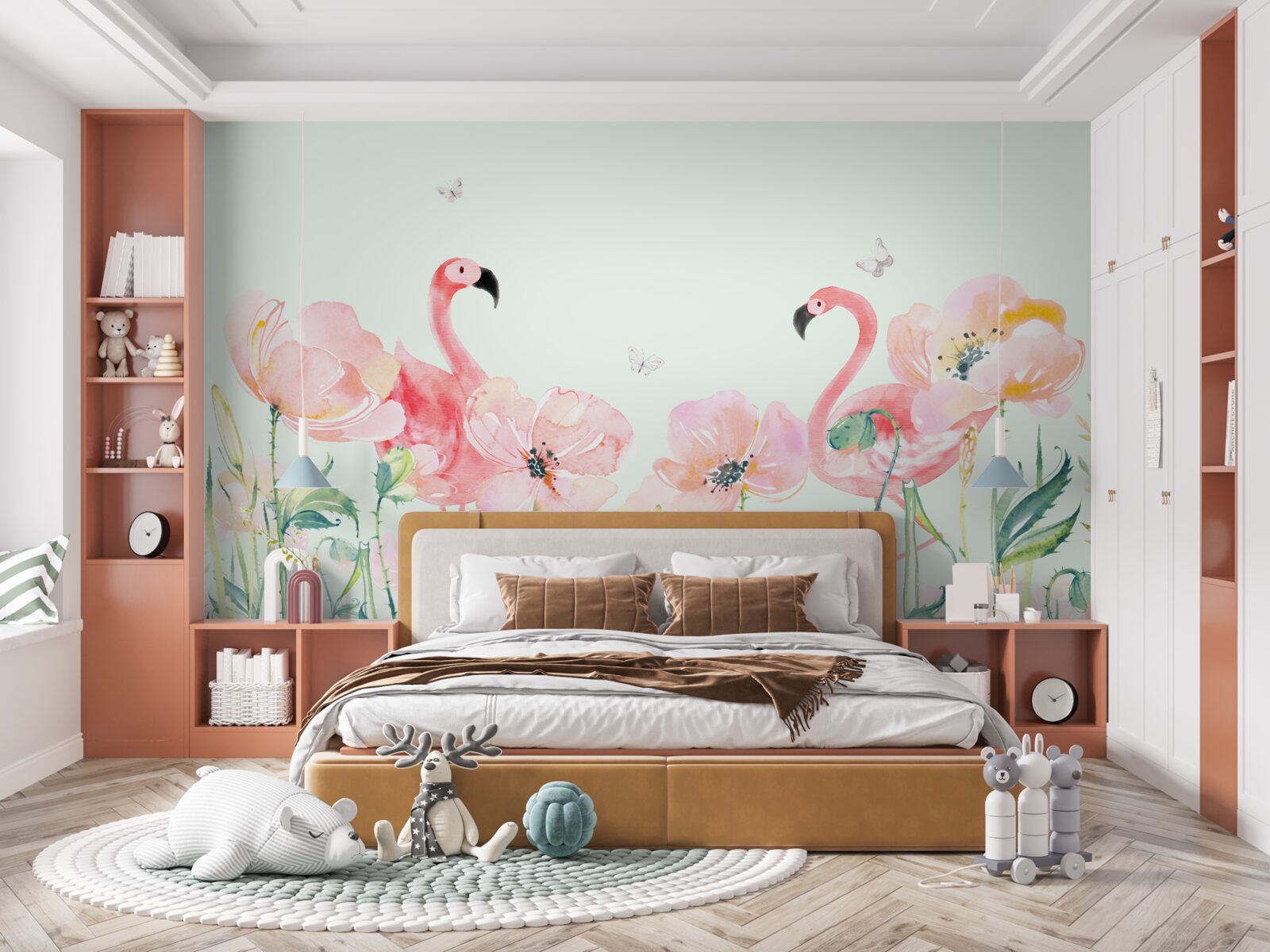 Fototapet flamingo roz printre flori asortate