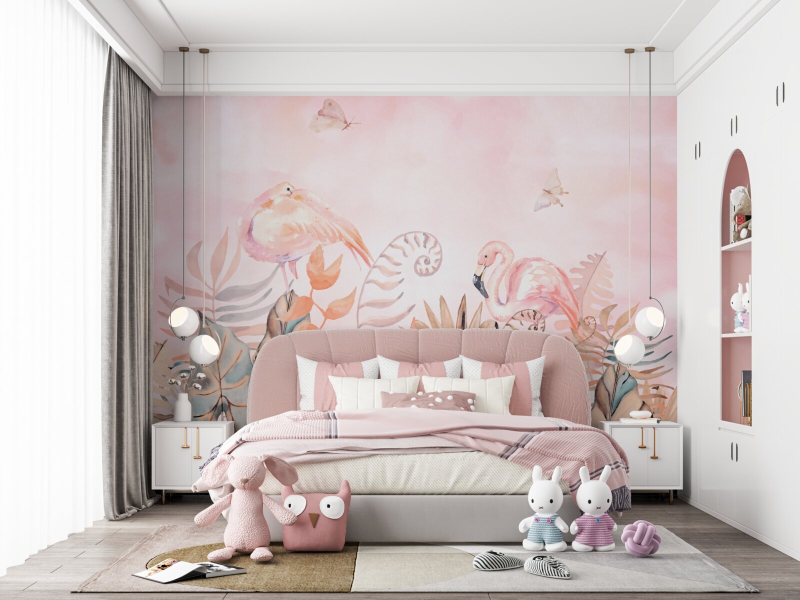 Fototapet pe ramuri sunt flamingo roz