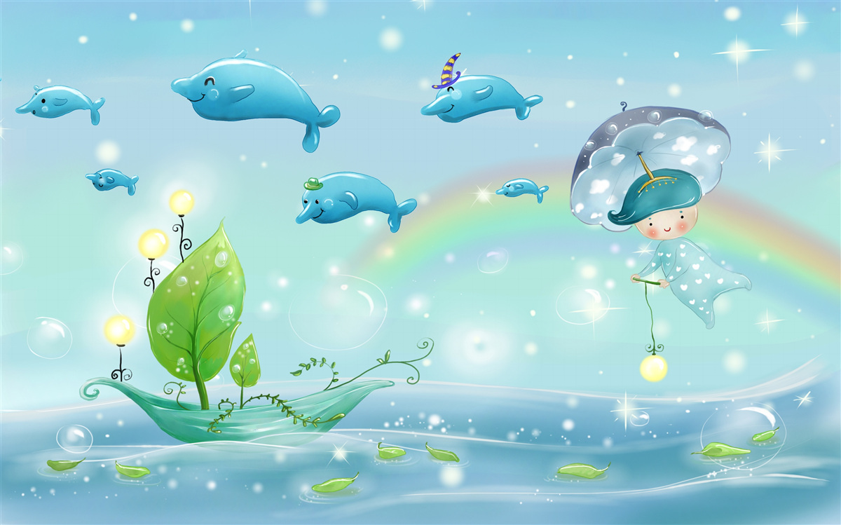 Fototapet un copil cu o umbrelă zboară cu delfinii pe suprafața apei