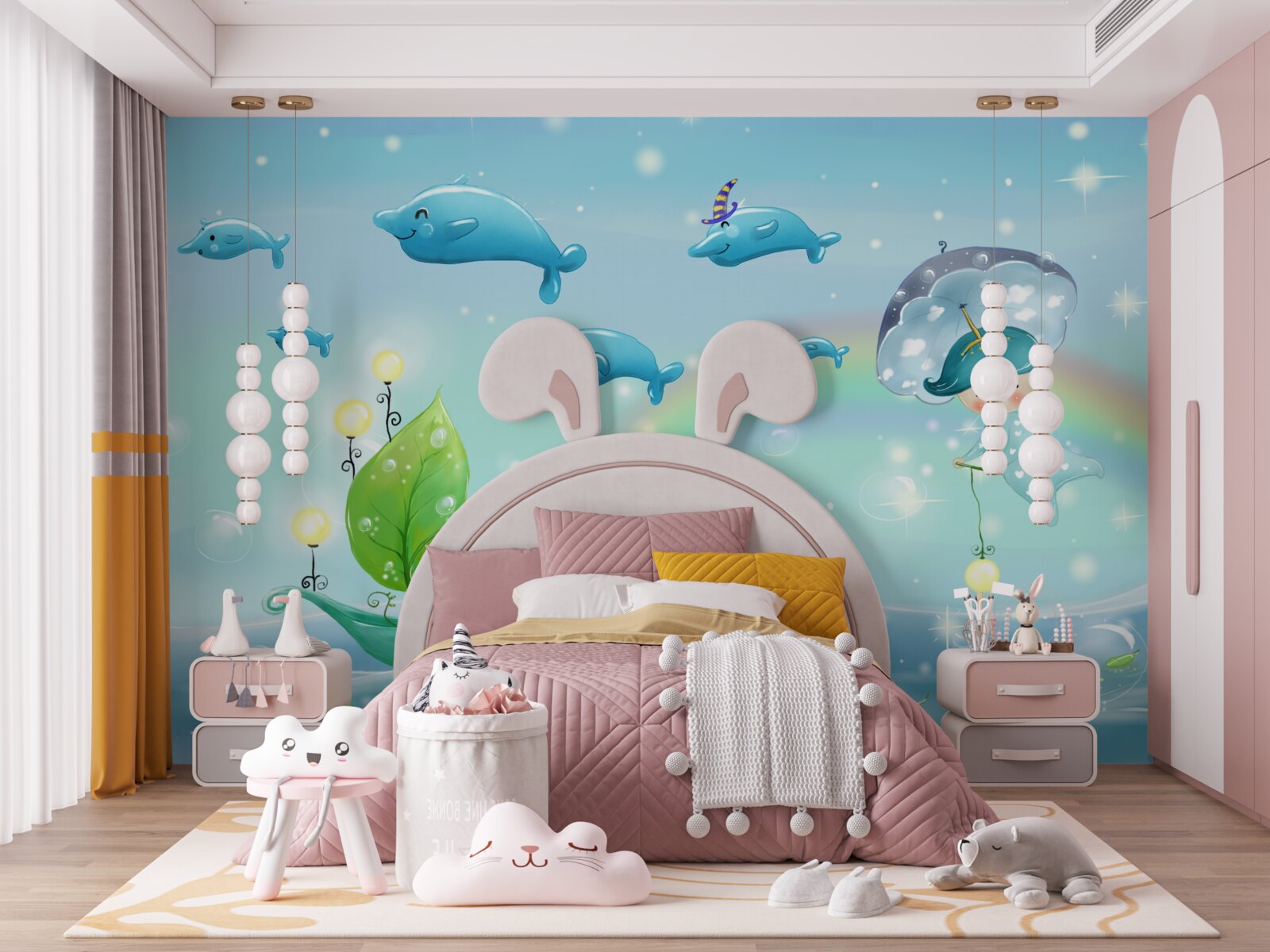 Fototapet un copil cu o umbrelă zboară cu delfinii pe suprafața apei