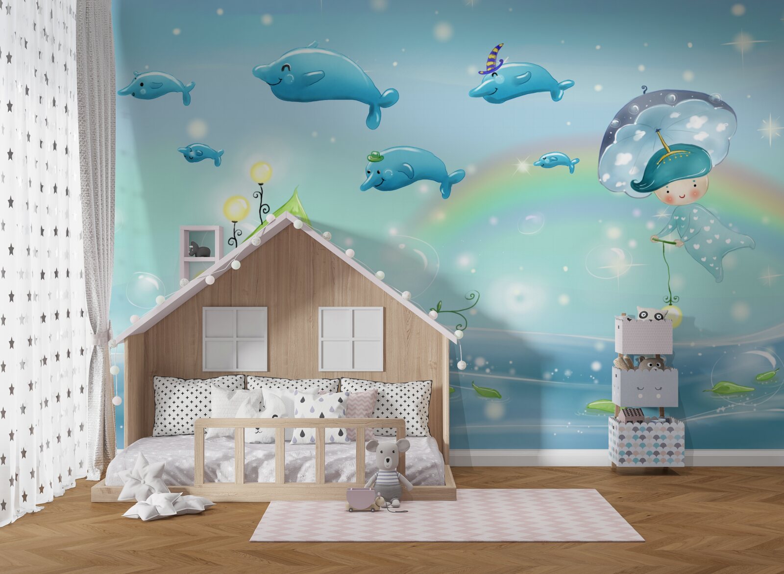 Fototapet un copil cu o umbrelă zboară cu delfinii pe suprafața apei