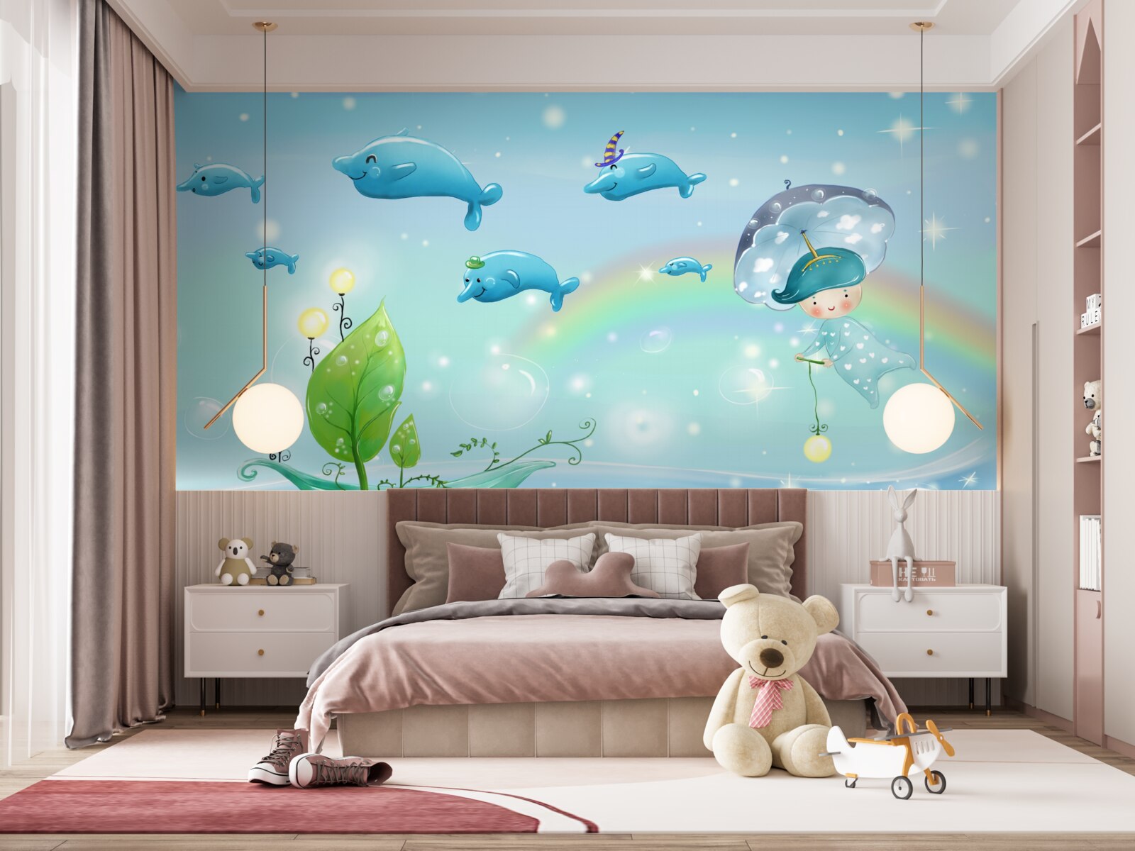 Fototapet un copil cu o umbrelă zboară cu delfinii pe suprafața apei