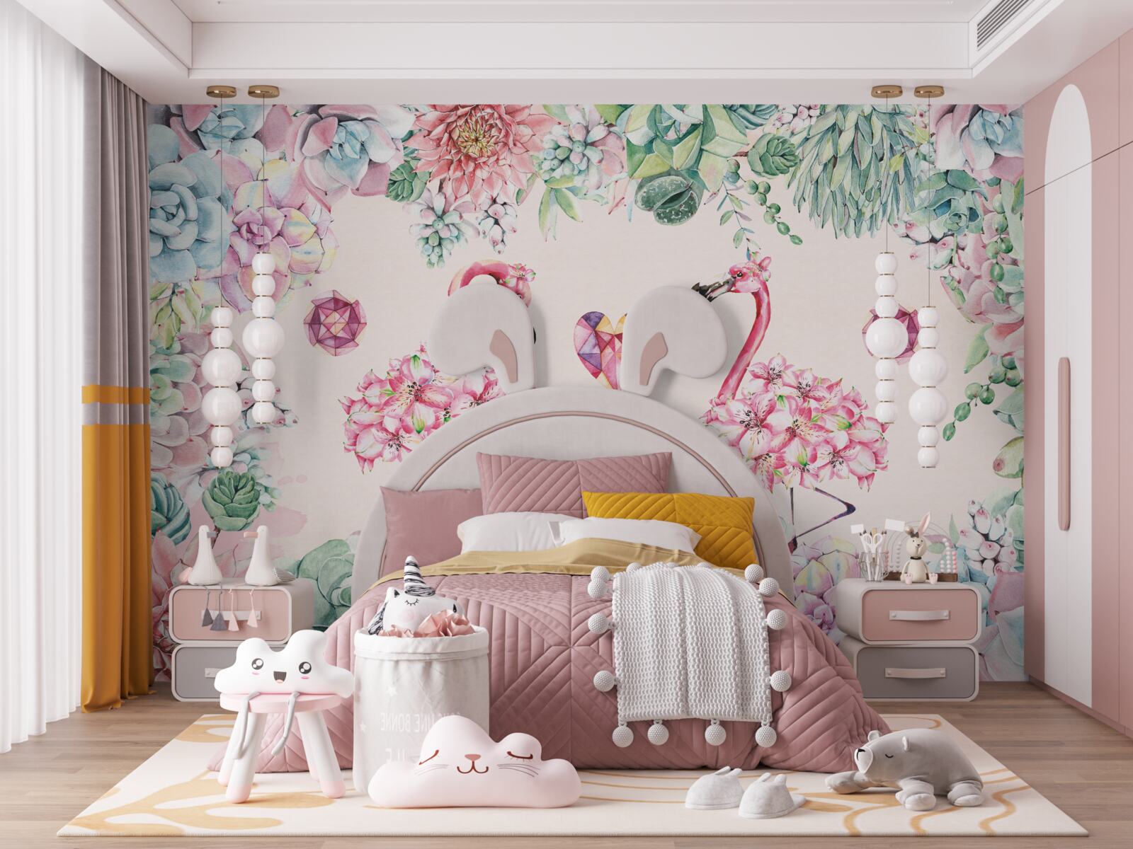 Fototapet două flamingo roz printre verdeață și flori