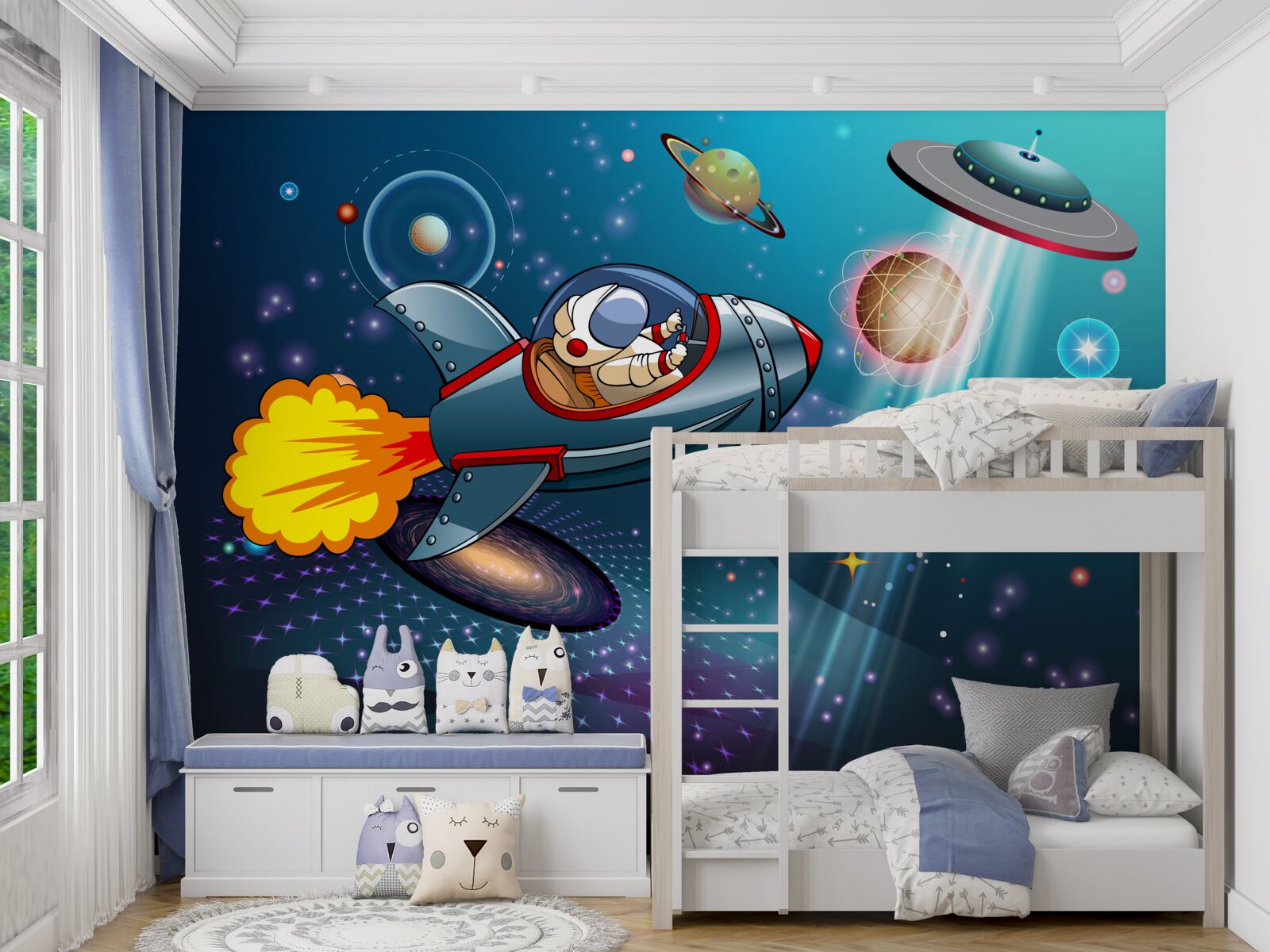 Fototapet astronaut călătorește cu racheta în abisul spațiului