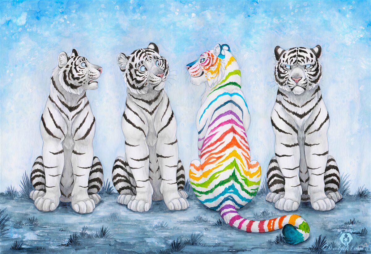 Fototapet un tigru și trei tigri albi